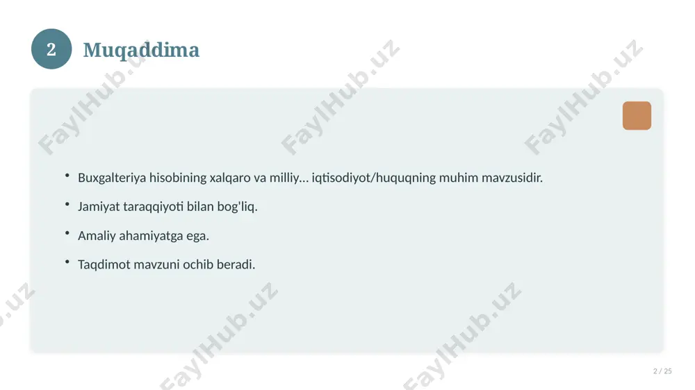 ashing. ishonchli manbalardan foydalaning. bilimni amaliyotda qo'llang. natijani muntazam baholang. 18 19 tez-tez so'raladigan savollar 19 / 25 asosiy tushuncha nima? u qanday qo'llaniladi? qanday afzalliklari bor? javoblar qisqa va aniq. 19 20 eng yaxshi amaliyotlar 20 / 25 sinovdan o'tgan usullar. samarali yondashuvlar. tajriba almashish. doimiy takomillashtirish. 20 21 muammolar va yechimlar 21 / 25 mavjud muammolar. ularning sabablari. yechim yo'llari. amaliy tavsiyalar. 21 22 asosiy ko'rsatkichlar 22 / 25 ko'rsatkich holati birinchi mezon yaxshi ikkinchi mezon o'rta uchinchi mezon yuqori 22 23 amaliy misol 23 / 25 real hayotdan misol keltiriladi. bosqichlar bilan ko'rsatiladi. natija tahlil qilinadi. amaliy xulosa chiqariladi. 23 24 xulosa 24 / 25 buxgalteriya hisobining xalqaro va milliy… bo'yicha asosiy jihatlar yoritildi. mavzu nazariy va amaliy ahamiyatga ega. olingan bilim amaliyotda qo'llaniladi. doimiy o'rganish tavsiya etiladi. 24 25 foydalanilgan adabiyotlar 25 / 25 tegishli darslik va o'quv qo'llanmalari. ilmiy maqola va manbalar. internet va elektron …