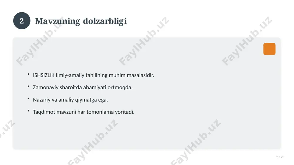onchli manbalardan foydalaning. bilimni amaliyotda qo'llang. natijani muntazam baholang. 18 19 tez-tez so'raladigan savollar 19 / 25 asosiy tushuncha nima? u qanday qo'llaniladi? qanday afzalliklari bor? javoblar qisqa va aniq. 19 20 eng yaxshi amaliyotlar 20 / 25 sinovdan o'tgan usullar. samarali yondashuvlar. tajriba almashish. doimiy takomillashtirish. 20 21 muammolar va yechimlar 21 / 25 mavjud muammolar. ularning sabablari. yechim yo'llari. amaliy tavsiyalar. 21 22 asosiy ko'rsatkichlar 22 / 25 ko'rsatkich holati birinchi mezon yaxshi ikkinchi mezon o'rta uchinchi mezon yuqori 22 23 amaliy misol 23 / 25 real hayotdan misol keltiriladi. bosqichlar bilan ko'rsatiladi. natija tahlil qilinadi. amaliy xulosa chiqariladi. 23 24 xulosa 24 / 25 ishsizlik bo'yicha asosiy jihatlar yoritildi. mavzu nazariy va amaliy ahamiyatga ega. olingan bilim amaliyotda qo'llaniladi. doimiy o'rganish tavsiya etiladi. 24 25 foydalanilgan adabiyotlar 25 / 25 tegishli darslik va o'quv qo'llanmalari. ilmiy maqola va manbalar. internet va elektron resurslar. manba: soff.uz · 2026. …