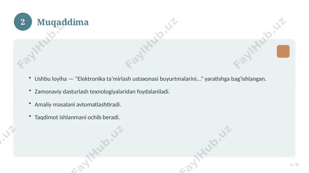 5 asosiy atamalar 15 / 25 elektronika ta’mirlash ustaxonasi buyurtmalarini… bilan bog'liq kalit tushunchalar. atamalarning aniq ta'rifi beriladi. to'g'ri qo'llash muhim. tushunchalar o'zaro bog'liq. 15 16 tarixiy rivoji 16 / 25 mavzu vaqt o'tishi bilan rivojlangan. asosiy bosqichlar kuzatiladi. muhim o'zgarishlar yuz bergan. hozirgi holatga ta'sir ko'rsatgan. 16 17 zamonaviy holati 17 / 25 bugungi kundagi ahvol. yangi yondashuvlar paydo bo'lmoqda. dolzarb tendensiyalar. amaliy qo'llanilishi kengaymoqda. 17 18 qiyosiy tahlil 18 / 25 o'xshash hodisalar bilan solishtirish. umumiy jihatlar aniqlanadi. farqli tomonlar ko'rsatiladi. xulosalar chiqariladi. 18 19 afzallik va kamchiliklar 19 / 25 afzalliklari kamchiliklari samaradorlik murakkablik qulaylik resurs talabi tejamkorlik ayrim cheklovlar 19 20 bosqichma-bosqich yondashuv 20 / 25 1-bosqich: tayyorgarlik. 2-bosqich: amalga oshirish. 3-bosqich: tahlil. 4-bosqich: xulosa. 20 21 amaliy misol 21 / 25 real hayotdan misol keltiriladi. bosqichlar bilan ko'rsatiladi. natija tahlil qilinadi. amaliy xulosa chiqariladi. 21 22 asosiy ko'rsatkichlar 22 / 25 ko'rsatkich holati birinchi mezon …
