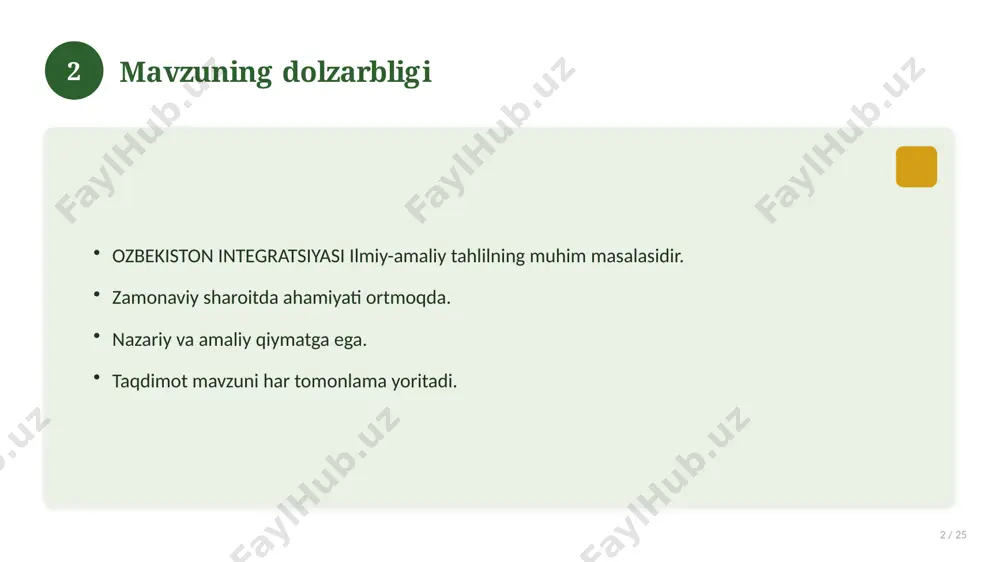 7 qiyosiy tahlil 17 / 25 o'xshash hodisalar bilan solishtirish. umumiy jihatlar aniqlanadi. farqli tomonlar ko'rsatiladi. xulosalar chiqariladi. 17 18 afzallik va kamchiliklar 18 / 25 afzalliklari kamchiliklari samaradorlik murakkablik qulaylik resurs talabi tejamkorlik ayrim cheklovlar 18 19 bosqichma-bosqich yondashuv 19 / 25 1-bosqich: tayyorgarlik. 2-bosqich: amalga oshirish. 3-bosqich: tahlil. 4-bosqich: xulosa. 19 20 amaliy misol 20 / 25 real hayotdan misol keltiriladi. bosqichlar bilan ko'rsatiladi. natija tahlil qilinadi. amaliy xulosa chiqariladi. 20 21 asosiy ko'rsatkichlar 21 / 25 ko'rsatkich holati birinchi mezon yaxshi ikkinchi mezon o'rta uchinchi mezon yuqori 21 22 muammolar va yechimlar 22 / 25 mavjud muammolar. ularning sabablari. yechim yo'llari. amaliy tavsiyalar. 22 23 eng yaxshi amaliyotlar 23 / 25 sinovdan o'tgan usullar. samarali yondashuvlar. tajriba almashish. doimiy takomillashtirish. 23 24 xulosa 24 / 25 ozbekiston integratsiyasi bo'yicha asosiy jihatlar yoritildi. mavzu nazariy va amaliy ahamiyatga ega. olingan bilim amaliyotda qo'llaniladi. doimiy o'rganish tavsiya etiladi. 24 …