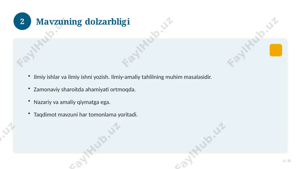 o'llanilishi kengaymoqda. 16 17 qiyosiy tahlil 17 / 25 o'xshash hodisalar bilan solishtirish. umumiy jihatlar aniqlanadi. farqli tomonlar ko'rsatiladi. xulosalar chiqariladi. 17 18 afzallik va kamchiliklar 18 / 25 afzalliklari kamchiliklari samaradorlik murakkablik qulaylik resurs talabi tejamkorlik ayrim cheklovlar 18 19 bosqichma-bosqich yondashuv 19 / 25 1-bosqich: tayyorgarlik. 2-bosqich: amalga oshirish. 3-bosqich: tahlil. 4-bosqich: xulosa. 19 20 amaliy misol 20 / 25 real hayotdan misol keltiriladi. bosqichlar bilan ko'rsatiladi. natija tahlil qilinadi. amaliy xulosa chiqariladi. 20 21 asosiy ko'rsatkichlar 21 / 25 ko'rsatkich holati birinchi mezon yaxshi ikkinchi mezon o'rta uchinchi mezon yuqori 21 22 muammolar va yechimlar 22 / 25 mavjud muammolar. ularning sabablari. yechim yo'llari. amaliy tavsiyalar. 22 23 eng yaxshi amaliyotlar 23 / 25 sinovdan o'tgan usullar. samarali yondashuvlar. tajriba almashish. doimiy takomillashtirish. 23 24 xulosa 24 / 25 ilmiy ishlar va ilmiy ishni yozish. bo'yicha asosiy jihatlar yoritildi. mavzu nazariy va amaliy ahamiyatga ega. olingan bilim …