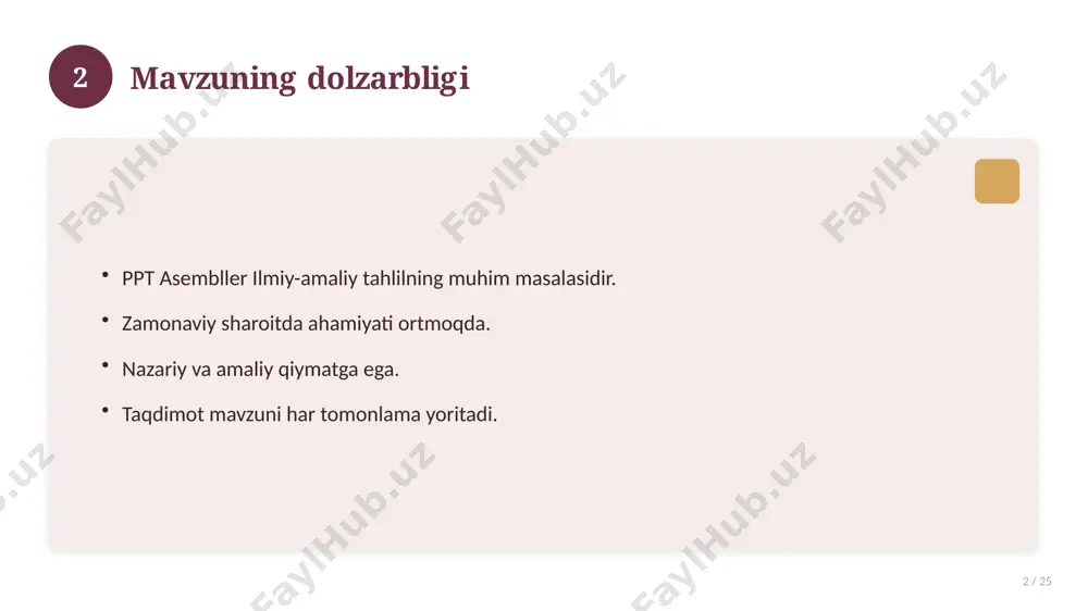ing. ishonchli manbalardan foydalaning. bilimni amaliyotda qo'llang. natijani muntazam baholang. 18 19 tez-tez so'raladigan savollar 19 / 25 asosiy tushuncha nima? u qanday qo'llaniladi? qanday afzalliklari bor? javoblar qisqa va aniq. 19 20 eng yaxshi amaliyotlar 20 / 25 sinovdan o'tgan usullar. samarali yondashuvlar. tajriba almashish. doimiy takomillashtirish. 20 21 muammolar va yechimlar 21 / 25 mavjud muammolar. ularning sabablari. yechim yo'llari. amaliy tavsiyalar. 21 22 asosiy ko'rsatkichlar 22 / 25 ko'rsatkich holati birinchi mezon yaxshi ikkinchi mezon o'rta uchinchi mezon yuqori 22 23 amaliy misol 23 / 25 real hayotdan misol keltiriladi. bosqichlar bilan ko'rsatiladi. natija tahlil qilinadi. amaliy xulosa chiqariladi. 23 24 xulosa 24 / 25 ppt asembller bo'yicha asosiy jihatlar yoritildi. mavzu nazariy va amaliy ahamiyatga ega. olingan bilim amaliyotda qo'llaniladi. doimiy o'rganish tavsiya etiladi. 24 25 foydalanilgan adabiyotlar 25 / 25 tegishli darslik va o'quv qo'llanmalari. ilmiy maqola va manbalar. internet va elektron resurslar. manba: soff.uz …