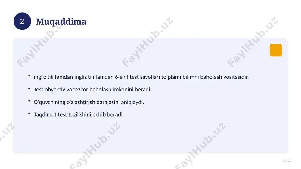 r. amaliy jihatlar. yakuniy xulosalar. 14 15 qo'shimcha resurslar 15 / 25 darslik va qo'llanmalar. onlayn manbalar. video darslar. amaliy mashqlar to'plami. 15 16 xatolardan saqlanish 16 / 25 keng tarqalgan xatolar. ularning sabablari. oldini olish yo'llari. to'g'ri yondashuv. 16 17 kelajak istiqbollari 17 / 25 rivojlanish yo'nalishlari. yangi imkoniyatlar. innovatsion yechimlar. uzoq muddatli ta'sir. 17 18 amaliy tavsiyalar 18 / 25 tizimli yondashing. ishonchli manbalardan foydalaning. bilimni amaliyotda qo'llang. natijani muntazam baholang. 18 19 tez-tez so'raladigan savollar 19 / 25 asosiy tushuncha nima? u qanday qo'llaniladi? qanday afzalliklari bor? javoblar qisqa va aniq. 19 20 eng yaxshi amaliyotlar 20 / 25 sinovdan o'tgan usullar. samarali yondashuvlar. tajriba almashish. doimiy takomillashtirish. 20 21 muammolar va yechimlar 21 / 25 mavjud muammolar. ularning sabablari. yechim yo'llari. amaliy tavsiyalar. 21 22 asosiy ko'rsatkichlar 22 / 25 ko'rsatkich holati birinchi mezon yaxshi ikkinchi mezon o'rta uchinchi mezon yuqori 22 23 amaliy misol 23 …