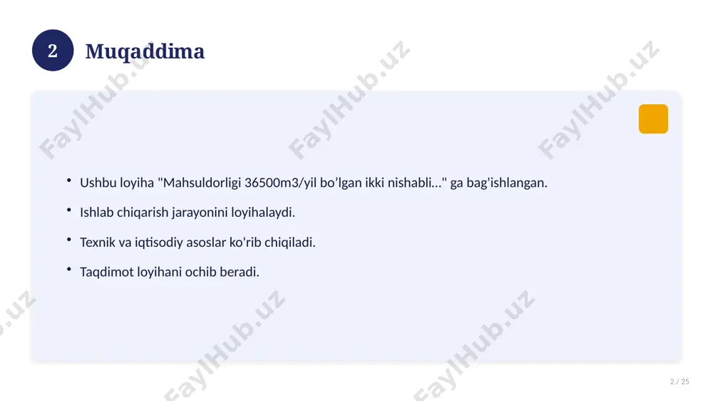 16 zamonaviy holati 16 / 25 bugungi kundagi ahvol. yangi yondashuvlar paydo bo'lmoqda. dolzarb tendensiyalar. amaliy qo'llanilishi kengaymoqda. 16 17 qiyosiy tahlil 17 / 25 o'xshash hodisalar bilan solishtirish. umumiy jihatlar aniqlanadi. farqli tomonlar ko'rsatiladi. xulosalar chiqariladi. 17 18 afzallik va kamchiliklar 18 / 25 afzalliklari kamchiliklari samaradorlik murakkablik qulaylik resurs talabi tejamkorlik ayrim cheklovlar 18 19 bosqichma-bosqich yondashuv 19 / 25 1-bosqich: tayyorgarlik. 2-bosqich: amalga oshirish. 3-bosqich: tahlil. 4-bosqich: xulosa. 19 20 amaliy misol 20 / 25 real hayotdan misol keltiriladi. bosqichlar bilan ko'rsatiladi. natija tahlil qilinadi. amaliy xulosa chiqariladi. 20 21 asosiy ko'rsatkichlar 21 / 25 ko'rsatkich holati birinchi mezon yaxshi ikkinchi mezon o'rta uchinchi mezon yuqori 21 22 muammolar va yechimlar 22 / 25 mavjud muammolar. ularning sabablari. yechim yo'llari. amaliy tavsiyalar. 22 23 eng yaxshi amaliyotlar 23 / 25 sinovdan o'tgan usullar. samarali yondashuvlar. tajriba almashish. doimiy takomillashtirish. 23 24 xulosa 24 / 25 mahsuldorligi 36500m3/yil …