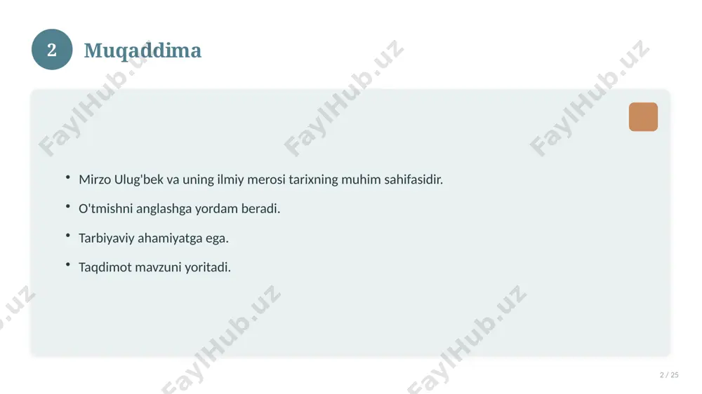 ng. natijani muntazam baholang. 18 19 tez-tez so'raladigan savollar 19 / 25 asosiy tushuncha nima? u qanday qo'llaniladi? qanday afzalliklari bor? javoblar qisqa va aniq. 19 20 eng yaxshi amaliyotlar 20 / 25 sinovdan o'tgan usullar. samarali yondashuvlar. tajriba almashish. doimiy takomillashtirish. 20 21 muammolar va yechimlar 21 / 25 mavjud muammolar. ularning sabablari. yechim yo'llari. amaliy tavsiyalar. 21 22 asosiy ko'rsatkichlar 22 / 25 ko'rsatkich holati birinchi mezon yaxshi ikkinchi mezon o'rta uchinchi mezon yuqori 22 23 amaliy misol 23 / 25 real hayotdan misol keltiriladi. bosqichlar bilan ko'rsatiladi. natija tahlil qilinadi. amaliy xulosa chiqariladi. 23 24 xulosa 24 / 25 mirzo ulug'bek va uning ilmiy merosi bo'yicha asosiy jihatlar yoritildi. mavzu nazariy va amaliy ahamiyatga ega. olingan bilim amaliyotda qo'llaniladi. doimiy o'rganish tavsiya etiladi. 24 25 foydalanilgan adabiyotlar 25 / 25 tegishli darslik va o'quv qo'llanmalari. ilmiy maqola va manbalar. internet va elektron resurslar. manba: soff.uz · 2026. …