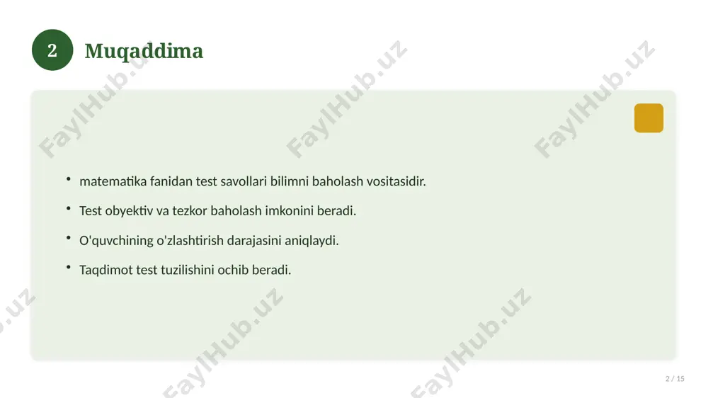 2026. 14 15 foydalanilgan manbalar 15 / 15 mavzu mantiqiy, izchil bayon etilishi muhim. manbalardan to'g'ri foydalaning va iqtibos keltiring. adabiyot: matematika darsligi va test to'plamlari. manba: soff.uz · 2026. 15