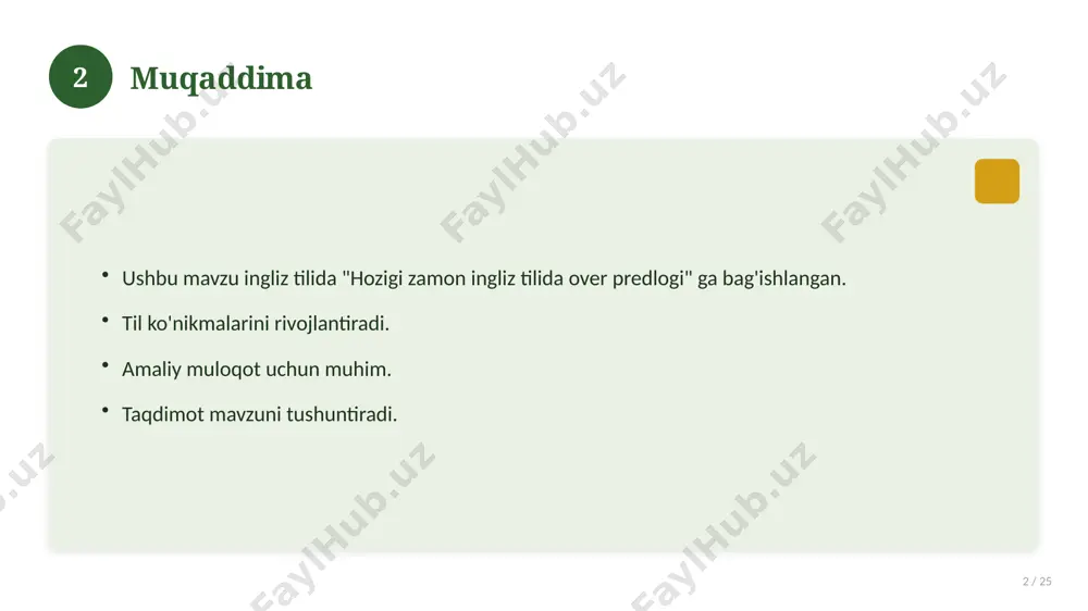 18 / 25 tizimli yondashing. ishonchli manbalardan foydalaning. bilimni amaliyotda qo'llang. natijani muntazam baholang. 18 19 tez-tez so'raladigan savollar 19 / 25 asosiy tushuncha nima? u qanday qo'llaniladi? qanday afzalliklari bor? javoblar qisqa va aniq. 19 20 eng yaxshi amaliyotlar 20 / 25 sinovdan o'tgan usullar. samarali yondashuvlar. tajriba almashish. doimiy takomillashtirish. 20 21 muammolar va yechimlar 21 / 25 mavjud muammolar. ularning sabablari. yechim yo'llari. amaliy tavsiyalar. 21 22 asosiy ko'rsatkichlar 22 / 25 ko'rsatkich holati birinchi mezon yaxshi ikkinchi mezon o'rta uchinchi mezon yuqori 22 23 amaliy misol 23 / 25 real hayotdan misol keltiriladi. bosqichlar bilan ko'rsatiladi. natija tahlil qilinadi. amaliy xulosa chiqariladi. 23 24 xulosa 24 / 25 hozigi zamon ingliz tilida over predlogi bo'yicha asosiy jihatlar yoritildi. mavzu nazariy va amaliy ahamiyatga ega. olingan bilim amaliyotda qo'llaniladi. doimiy o'rganish tavsiya etiladi. 24 25 foydalanilgan adabiyotlar 25 / 25 tegishli darslik va o'quv qo'llanmalari. ilmiy maqola …