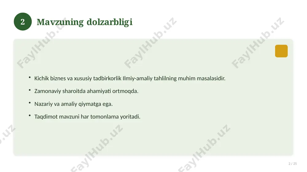 'sir. 17 18 amaliy tavsiyalar 18 / 25 tizimli yondashing. ishonchli manbalardan foydalaning. bilimni amaliyotda qo'llang. natijani muntazam baholang. 18 19 tez-tez so'raladigan savollar 19 / 25 asosiy tushuncha nima? u qanday qo'llaniladi? qanday afzalliklari bor? javoblar qisqa va aniq. 19 20 eng yaxshi amaliyotlar 20 / 25 sinovdan o'tgan usullar. samarali yondashuvlar. tajriba almashish. doimiy takomillashtirish. 20 21 muammolar va yechimlar 21 / 25 mavjud muammolar. ularning sabablari. yechim yo'llari. amaliy tavsiyalar. 21 22 asosiy ko'rsatkichlar 22 / 25 ko'rsatkich holati birinchi mezon yaxshi ikkinchi mezon o'rta uchinchi mezon yuqori 22 23 amaliy misol 23 / 25 real hayotdan misol keltiriladi. bosqichlar bilan ko'rsatiladi. natija tahlil qilinadi. amaliy xulosa chiqariladi. 23 24 xulosa 24 / 25 kichik biznes va xususiy tadbirkorlik bo'yicha asosiy jihatlar yoritildi. mavzu nazariy va amaliy ahamiyatga ega. olingan bilim amaliyotda qo'llaniladi. doimiy o'rganish tavsiya etiladi. 24 25 foydalanilgan adabiyotlar 25 / 25 tegishli darslik va …