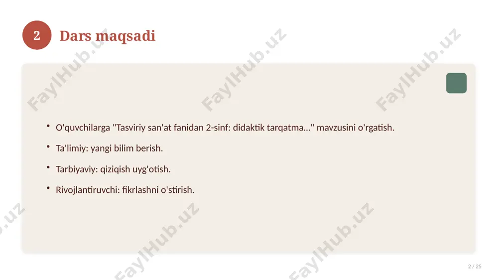 iy mashqlar to'plami. 16 17 xatolardan saqlanish 17 / 25 keng tarqalgan xatolar. ularning sabablari. oldini olish yo'llari. to'g'ri yondashuv. 17 18 kelajak istiqbollari 18 / 25 rivojlanish yo'nalishlari. yangi imkoniyatlar. innovatsion yechimlar. uzoq muddatli ta'sir. 18 19 amaliy tavsiyalar 19 / 25 tizimli yondashing. ishonchli manbalardan foydalaning. bilimni amaliyotda qo'llang. natijani muntazam baholang. 19 20 tez-tez so'raladigan savollar 20 / 25 asosiy tushuncha nima? u qanday qo'llaniladi? qanday afzalliklari bor? javoblar qisqa va aniq. 20 21 eng yaxshi amaliyotlar 21 / 25 sinovdan o'tgan usullar. samarali yondashuvlar. tajriba almashish. doimiy takomillashtirish. 21 22 muammolar va yechimlar 22 / 25 mavjud muammolar. ularning sabablari. yechim yo'llari. amaliy tavsiyalar. 22 23 asosiy ko'rsatkichlar 23 / 25 ko'rsatkich holati birinchi mezon yaxshi ikkinchi mezon o'rta uchinchi mezon yuqori 23 24 xulosa 24 / 25 tasviriy san'at fanidan 2-sinf: didaktik tarqatma… bo'yicha asosiy jihatlar yoritildi. mavzu nazariy va amaliy ahamiyatga ega. olingan bilim …