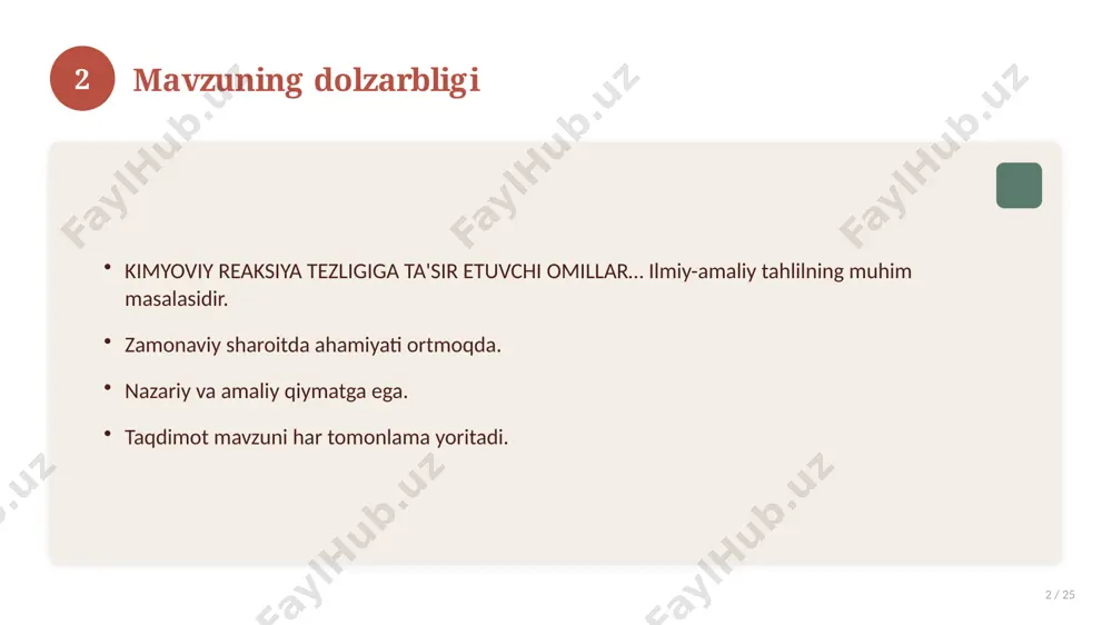 lar. innovatsion yechimlar. uzoq muddatli ta'sir. 17 18 amaliy tavsiyalar 18 / 25 tizimli yondashing. ishonchli manbalardan foydalaning. bilimni amaliyotda qo'llang. natijani muntazam baholang. 18 19 tez-tez so'raladigan savollar 19 / 25 asosiy tushuncha nima? u qanday qo'llaniladi? qanday afzalliklari bor? javoblar qisqa va aniq. 19 20 eng yaxshi amaliyotlar 20 / 25 sinovdan o'tgan usullar. samarali yondashuvlar. tajriba almashish. doimiy takomillashtirish. 20 21 muammolar va yechimlar 21 / 25 mavjud muammolar. ularning sabablari. yechim yo'llari. amaliy tavsiyalar. 21 22 asosiy ko'rsatkichlar 22 / 25 ko'rsatkich holati birinchi mezon yaxshi ikkinchi mezon o'rta uchinchi mezon yuqori 22 23 amaliy misol 23 / 25 real hayotdan misol keltiriladi. bosqichlar bilan ko'rsatiladi. natija tahlil qilinadi. amaliy xulosa chiqariladi. 23 24 xulosa 24 / 25 kimyoviy reaksiya tezligiga ta'sir etuvchi omillar… bo'yicha asosiy jihatlar yoritildi. mavzu nazariy va amaliy ahamiyatga ega. olingan bilim amaliyotda qo'llaniladi. doimiy o'rganish tavsiya etiladi. 24 25 foydalanilgan adabiyotlar …