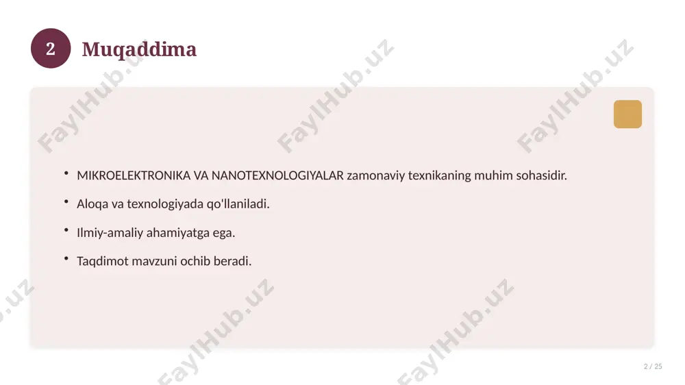 r. uzoq muddatli ta'sir. 17 18 amaliy tavsiyalar 18 / 25 tizimli yondashing. ishonchli manbalardan foydalaning. bilimni amaliyotda qo'llang. natijani muntazam baholang. 18 19 tez-tez so'raladigan savollar 19 / 25 asosiy tushuncha nima? u qanday qo'llaniladi? qanday afzalliklari bor? javoblar qisqa va aniq. 19 20 eng yaxshi amaliyotlar 20 / 25 sinovdan o'tgan usullar. samarali yondashuvlar. tajriba almashish. doimiy takomillashtirish. 20 21 muammolar va yechimlar 21 / 25 mavjud muammolar. ularning sabablari. yechim yo'llari. amaliy tavsiyalar. 21 22 asosiy ko'rsatkichlar 22 / 25 ko'rsatkich holati birinchi mezon yaxshi ikkinchi mezon o'rta uchinchi mezon yuqori 22 23 amaliy misol 23 / 25 real hayotdan misol keltiriladi. bosqichlar bilan ko'rsatiladi. natija tahlil qilinadi. amaliy xulosa chiqariladi. 23 24 xulosa 24 / 25 mikroelektronika va nanotexnologiyalar bo'yicha asosiy jihatlar yoritildi. mavzu nazariy va amaliy ahamiyatga ega. olingan bilim amaliyotda qo'llaniladi. doimiy o'rganish tavsiya etiladi. 24 25 foydalanilgan adabiyotlar 25 / 25 tegishli darslik …