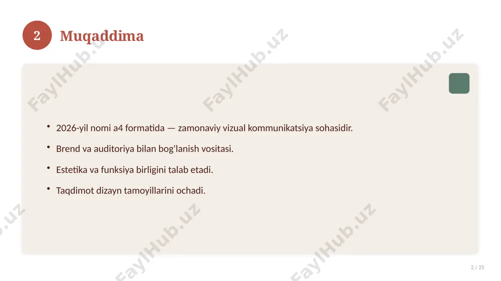 osalar chiqariladi. 17 18 afzallik va kamchiliklar 18 / 25 afzalliklari kamchiliklari samaradorlik murakkablik qulaylik resurs talabi tejamkorlik ayrim cheklovlar 18 19 bosqichma-bosqich yondashuv 19 / 25 1-bosqich: tayyorgarlik. 2-bosqich: amalga oshirish. 3-bosqich: tahlil. 4-bosqich: xulosa. 19 20 amaliy misol 20 / 25 real hayotdan misol keltiriladi. bosqichlar bilan ko'rsatiladi. natija tahlil qilinadi. amaliy xulosa chiqariladi. 20 21 asosiy ko'rsatkichlar 21 / 25 ko'rsatkich holati birinchi mezon yaxshi ikkinchi mezon o'rta uchinchi mezon yuqori 21 22 muammolar va yechimlar 22 / 25 mavjud muammolar. ularning sabablari. yechim yo'llari. amaliy tavsiyalar. 22 23 eng yaxshi amaliyotlar 23 / 25 sinovdan o'tgan usullar. samarali yondashuvlar. tajriba almashish. doimiy takomillashtirish. 23 24 xulosa 24 / 25 2026-yil nomi a4 formatida bo'yicha asosiy jihatlar yoritildi. mavzu nazariy va amaliy ahamiyatga ega. olingan bilim amaliyotda qo'llaniladi. doimiy o'rganish tavsiya etiladi. 24 25 foydalanilgan adabiyotlar 25 / 25 tegishli darslik va o'quv qo'llanmalari. ilmiy maqola va …