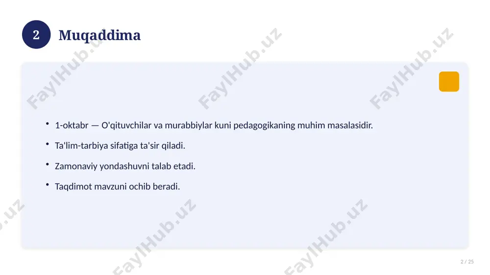 muddatli ta'sir. 17 18 amaliy tavsiyalar 18 / 25 tizimli yondashing. ishonchli manbalardan foydalaning. bilimni amaliyotda qo'llang. natijani muntazam baholang. 18 19 tez-tez so'raladigan savollar 19 / 25 asosiy tushuncha nima? u qanday qo'llaniladi? qanday afzalliklari bor? javoblar qisqa va aniq. 19 20 eng yaxshi amaliyotlar 20 / 25 sinovdan o'tgan usullar. samarali yondashuvlar. tajriba almashish. doimiy takomillashtirish. 20 21 muammolar va yechimlar 21 / 25 mavjud muammolar. ularning sabablari. yechim yo'llari. amaliy tavsiyalar. 21 22 asosiy ko'rsatkichlar 22 / 25 ko'rsatkich holati birinchi mezon yaxshi ikkinchi mezon o'rta uchinchi mezon yuqori 22 23 amaliy misol 23 / 25 real hayotdan misol keltiriladi. bosqichlar bilan ko'rsatiladi. natija tahlil qilinadi. amaliy xulosa chiqariladi. 23 24 xulosa 24 / 25 1-oktabr — o'qituvchilar va murabbiylar kuni bo'yicha asosiy jihatlar yoritildi. mavzu nazariy va amaliy ahamiyatga ega. olingan bilim amaliyotda qo'llaniladi. doimiy o'rganish tavsiya etiladi. 24 25 foydalanilgan adabiyotlar 25 / 25 tegishli …