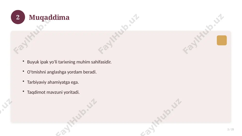 z-tez so'raladigan savollar 19 / 25 asosiy tushuncha nima? u qanday qo'llaniladi? qanday afzalliklari bor? javoblar qisqa va aniq. 19 20 eng yaxshi amaliyotlar 20 / 25 sinovdan o'tgan usullar. samarali yondashuvlar. tajriba almashish. doimiy takomillashtirish. 20 21 muammolar va yechimlar 21 / 25 mavjud muammolar. ularning sabablari. yechim yo'llari. amaliy tavsiyalar. 21 22 asosiy ko'rsatkichlar 22 / 25 ko'rsatkich holati birinchi mezon yaxshi ikkinchi mezon o'rta uchinchi mezon yuqori 22 23 amaliy misol 23 / 25 real hayotdan misol keltiriladi. bosqichlar bilan ko'rsatiladi. natija tahlil qilinadi. amaliy xulosa chiqariladi. 23 24 xulosa 24 / 25 buyuk ipak yo'li bo'yicha asosiy jihatlar yoritildi. mavzu nazariy va amaliy ahamiyatga ega. olingan bilim amaliyotda qo'llaniladi. doimiy o'rganish tavsiya etiladi. 24 25 foydalanilgan adabiyotlar 25 / 25 tegishli darslik va o'quv qo'llanmalari. ilmiy maqola va manbalar. internet va elektron resurslar. manba: soff.uz · 2026. 25