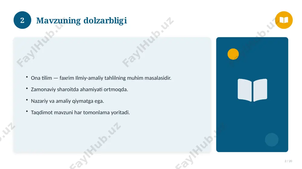 7 / 20 o'xshash hodisalar bilan solishtirish. umumiy jihatlar aniqlanadi. farqli tomonlar ko'rsatiladi. xulosalar chiqariladi. 17 18 afzallik va kamchiliklar 18 / 20 afzalliklari kamchiliklari samaradorlik murakkablik qulaylik resurs talabi tejamkorlik ayrim cheklovlar 18 19 xulosa 19 / 20 ona tilim — faxrim bo'yicha asosiy jihatlar yoritildi. mavzu nazariy va amaliy ahamiyatga ega. olingan bilim amaliyotda qo'llaniladi. doimiy o'rganish tavsiya etiladi. 19 20 foydalanilgan adabiyotlar 20 / 20 tegishli darslik va o'quv qo'llanmalari. ilmiy maqola va manbalar. internet va elektron resurslar. manba: soff.uz · 2026. 20 image-1-1.png image-1-2.png image-1-3.png image-1-4.png image-2-1.png image-2-2.png image-3-1.png image-3-2.png image-4-1.png image-4-2.png image-5-1.png image-5-2.png image-6-1.png image-6-2.png image-7-1.png image-7-2.png image-8-1.png image-9-1.png image-9-2.png image-10-1.png image-10-2.png image-11-1.png image-11-2.png image-12-1.png image-12-2.png image-13-1.png image-13-2.png image-14-1.png image-14-2.png image-15-1.png image-15-2.png image-16-1.png image-16-2.png image-17-1.png image-17-2.png image-18-1.png image-19-1.png image-19-2.png image-20-1.png image-20-2.png
