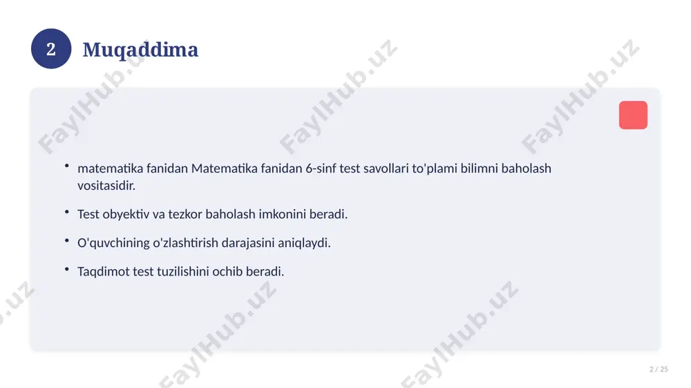 maliy jihatlar. yakuniy xulosalar. 14 15 qo'shimcha resurslar 15 / 25 darslik va qo'llanmalar. onlayn manbalar. video darslar. amaliy mashqlar to'plami. 15 16 xatolardan saqlanish 16 / 25 keng tarqalgan xatolar. ularning sabablari. oldini olish yo'llari. to'g'ri yondashuv. 16 17 kelajak istiqbollari 17 / 25 rivojlanish yo'nalishlari. yangi imkoniyatlar. innovatsion yechimlar. uzoq muddatli ta'sir. 17 18 amaliy tavsiyalar 18 / 25 tizimli yondashing. ishonchli manbalardan foydalaning. bilimni amaliyotda qo'llang. natijani muntazam baholang. 18 19 tez-tez so'raladigan savollar 19 / 25 asosiy tushuncha nima? u qanday qo'llaniladi? qanday afzalliklari bor? javoblar qisqa va aniq. 19 20 eng yaxshi amaliyotlar 20 / 25 sinovdan o'tgan usullar. samarali yondashuvlar. tajriba almashish. doimiy takomillashtirish. 20 21 muammolar va yechimlar 21 / 25 mavjud muammolar. ularning sabablari. yechim yo'llari. amaliy tavsiyalar. 21 22 asosiy ko'rsatkichlar 22 / 25 ko'rsatkich holati birinchi mezon yaxshi ikkinchi mezon o'rta uchinchi mezon yuqori 22 23 amaliy misol 23 / …