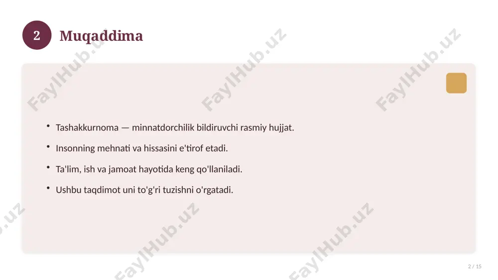 a yoki imzoning yo'qligi. haddan ortiq bezak va ranglar. 12 13 tashakkurnomaning ahamiyati 13 / 15 insonni qadrlaganini bildiradi. motivatsiya va ishtiyoqni oshiradi. jamoada ijobiy muhit yaratadi. kelajakdagi faollikni rag'batlantiradi. 13 14 amaliy maslahatlar 14 / 15 tayyor shablonlardan foydalaning. matnni qabul qiluvchiga moslang. imloni albatta tekshiring. topshirishni tantanali qiling. 14 15 xulosa 15 / 15 tashakkurnoma — e'tirof va hurmat belgisi. to'g'ri tuzilgan hujjat samarali ta'sir qiladi. tuzilish, matn va dizayn muhim. manba: soff.uz hujjat namunalari. 15