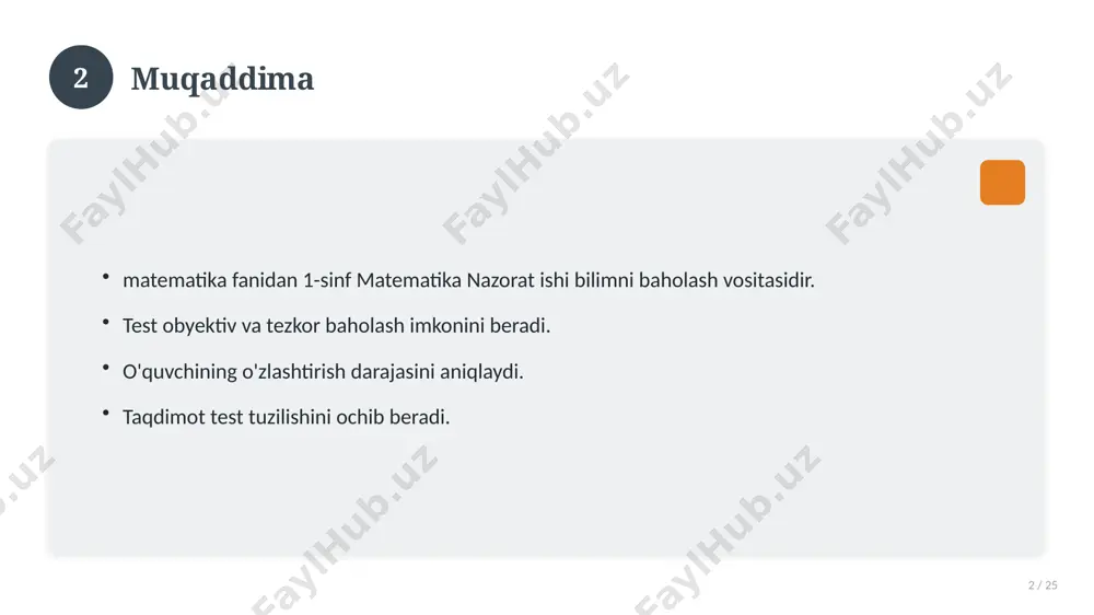 ta'rifi beriladi. to'g'ri qo'llash muhim. tushunchalar o'zaro bog'liq. 14 15 tarixiy rivoji 15 / 25 mavzu vaqt o'tishi bilan rivojlangan. asosiy bosqichlar kuzatiladi. muhim o'zgarishlar yuz bergan. hozirgi holatga ta'sir ko'rsatgan. 15 16 zamonaviy holati 16 / 25 bugungi kundagi ahvol. yangi yondashuvlar paydo bo'lmoqda. dolzarb tendensiyalar. amaliy qo'llanilishi kengaymoqda. 16 17 qiyosiy tahlil 17 / 25 o'xshash hodisalar bilan solishtirish. umumiy jihatlar aniqlanadi. farqli tomonlar ko'rsatiladi. xulosalar chiqariladi. 17 18 afzallik va kamchiliklar 18 / 25 afzalliklari kamchiliklari samaradorlik murakkablik qulaylik resurs talabi tejamkorlik ayrim cheklovlar 18 19 bosqichma-bosqich yondashuv 19 / 25 1-bosqich: tayyorgarlik. 2-bosqich: amalga oshirish. 3-bosqich: tahlil. 4-bosqich: xulosa. 19 20 amaliy misol 20 / 25 real hayotdan misol keltiriladi. bosqichlar bilan ko'rsatiladi. natija tahlil qilinadi. amaliy xulosa chiqariladi. 20 21 asosiy ko'rsatkichlar 21 / 25 ko'rsatkich holati birinchi mezon yaxshi ikkinchi mezon o'rta uchinchi mezon yuqori 21 22 muammolar va yechimlar 22 / 25 mavjud …