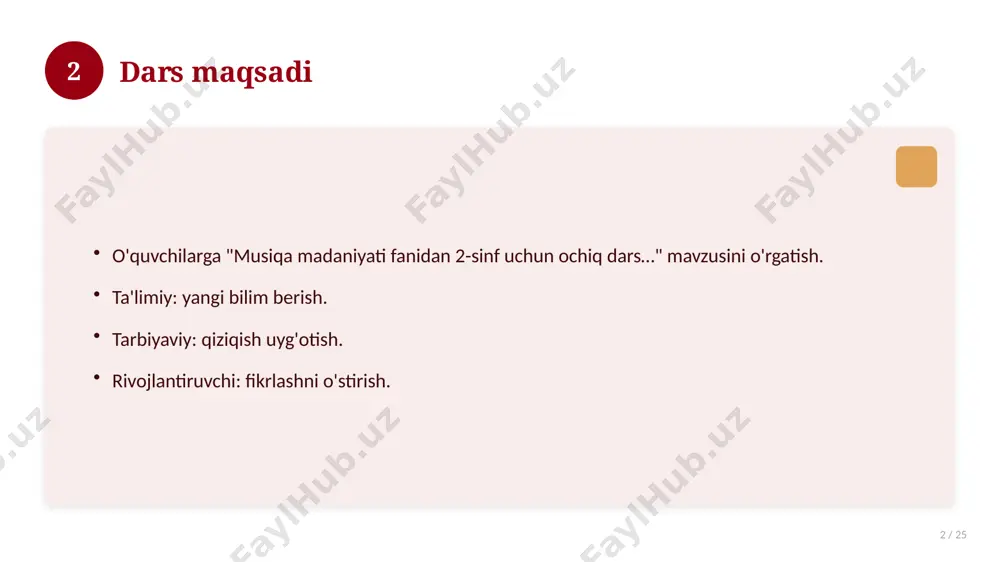 y mashqlar to'plami. 16 17 xatolardan saqlanish 17 / 25 keng tarqalgan xatolar. ularning sabablari. oldini olish yo'llari. to'g'ri yondashuv. 17 18 kelajak istiqbollari 18 / 25 rivojlanish yo'nalishlari. yangi imkoniyatlar. innovatsion yechimlar. uzoq muddatli ta'sir. 18 19 amaliy tavsiyalar 19 / 25 tizimli yondashing. ishonchli manbalardan foydalaning. bilimni amaliyotda qo'llang. natijani muntazam baholang. 19 20 tez-tez so'raladigan savollar 20 / 25 asosiy tushuncha nima? u qanday qo'llaniladi? qanday afzalliklari bor? javoblar qisqa va aniq. 20 21 eng yaxshi amaliyotlar 21 / 25 sinovdan o'tgan usullar. samarali yondashuvlar. tajriba almashish. doimiy takomillashtirish. 21 22 muammolar va yechimlar 22 / 25 mavjud muammolar. ularning sabablari. yechim yo'llari. amaliy tavsiyalar. 22 23 asosiy ko'rsatkichlar 23 / 25 ko'rsatkich holati birinchi mezon yaxshi ikkinchi mezon o'rta uchinchi mezon yuqori 23 24 xulosa 24 / 25 musiqa madaniyati fanidan 2-sinf uchun ochiq dars… bo'yicha asosiy jihatlar yoritildi. mavzu nazariy va amaliy ahamiyatga ega. olingan …