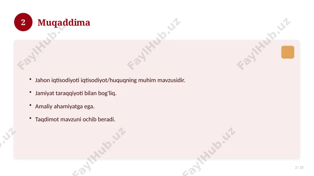 a qo'llang. natijani muntazam baholang. 18 19 tez-tez so'raladigan savollar 19 / 25 asosiy tushuncha nima? u qanday qo'llaniladi? qanday afzalliklari bor? javoblar qisqa va aniq. 19 20 eng yaxshi amaliyotlar 20 / 25 sinovdan o'tgan usullar. samarali yondashuvlar. tajriba almashish. doimiy takomillashtirish. 20 21 muammolar va yechimlar 21 / 25 mavjud muammolar. ularning sabablari. yechim yo'llari. amaliy tavsiyalar. 21 22 asosiy ko'rsatkichlar 22 / 25 ko'rsatkich holati birinchi mezon yaxshi ikkinchi mezon o'rta uchinchi mezon yuqori 22 23 amaliy misol 23 / 25 real hayotdan misol keltiriladi. bosqichlar bilan ko'rsatiladi. natija tahlil qilinadi. amaliy xulosa chiqariladi. 23 24 xulosa 24 / 25 jahon iqtisodiyoti bo'yicha asosiy jihatlar yoritildi. mavzu nazariy va amaliy ahamiyatga ega. olingan bilim amaliyotda qo'llaniladi. doimiy o'rganish tavsiya etiladi. 24 25 foydalanilgan adabiyotlar 25 / 25 tegishli darslik va o'quv qo'llanmalari. ilmiy maqola va manbalar. internet va elektron resurslar. manba: soff.uz · 2026. 25