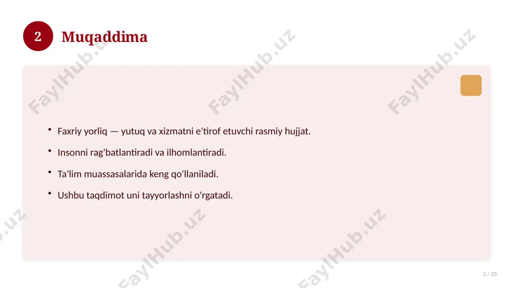 vaziyatga moslang. imloni albatta tekshiring. sifatli qog'ozga chop eting. 14 15 asosiy atamalar 15 / 25 faxriy yorliq premium gold ranglarda bilan bog'liq kalit tushunchalar. atamalarning aniq ta'rifi beriladi. to'g'ri qo'llash muhim. tushunchalar o'zaro bog'liq. 15 16 tarixiy rivoji 16 / 25 mavzu vaqt o'tishi bilan rivojlangan. asosiy bosqichlar kuzatiladi. muhim o'zgarishlar yuz bergan. hozirgi holatga ta'sir ko'rsatgan. 16 17 zamonaviy holati 17 / 25 bugungi kundagi ahvol. yangi yondashuvlar paydo bo'lmoqda. dolzarb tendensiyalar. amaliy qo'llanilishi kengaymoqda. 17 18 qiyosiy tahlil 18 / 25 o'xshash hodisalar bilan solishtirish. umumiy jihatlar aniqlanadi. farqli tomonlar ko'rsatiladi. xulosalar chiqariladi. 18 19 afzallik va kamchiliklar 19 / 25 afzalliklari kamchiliklari samaradorlik murakkablik qulaylik resurs talabi tejamkorlik ayrim cheklovlar 19 20 bosqichma-bosqich yondashuv 20 / 25 1-bosqich: tayyorgarlik. 2-bosqich: amalga oshirish. 3-bosqich: tahlil. 4-bosqich: xulosa. 20 21 amaliy misol 21 / 25 real hayotdan misol keltiriladi. bosqichlar bilan ko'rsatiladi. natija tahlil qilinadi. amaliy xulosa chiqariladi. …