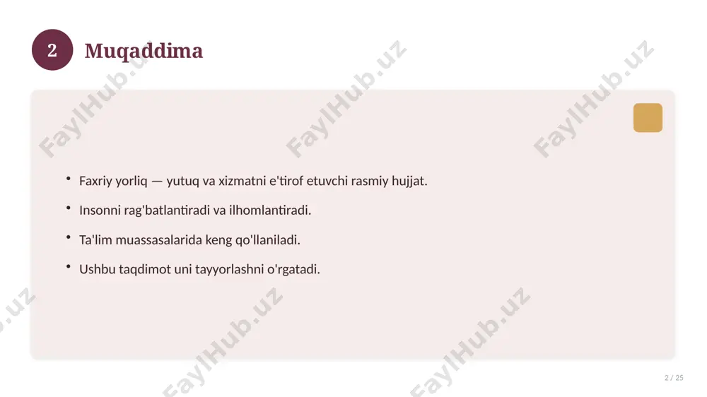 ang. matnni vaziyatga moslang. imloni albatta tekshiring. sifatli qog'ozga chop eting. 14 15 asosiy atamalar 15 / 25 faxriy yorliq maktab o'quvchilari uchun 2026 yil bilan bog'liq kalit tushunchalar. atamalarning aniq ta'rifi beriladi. to'g'ri qo'llash muhim. tushunchalar o'zaro bog'liq. 15 16 tarixiy rivoji 16 / 25 mavzu vaqt o'tishi bilan rivojlangan. asosiy bosqichlar kuzatiladi. muhim o'zgarishlar yuz bergan. hozirgi holatga ta'sir ko'rsatgan. 16 17 zamonaviy holati 17 / 25 bugungi kundagi ahvol. yangi yondashuvlar paydo bo'lmoqda. dolzarb tendensiyalar. amaliy qo'llanilishi kengaymoqda. 17 18 qiyosiy tahlil 18 / 25 o'xshash hodisalar bilan solishtirish. umumiy jihatlar aniqlanadi. farqli tomonlar ko'rsatiladi. xulosalar chiqariladi. 18 19 afzallik va kamchiliklar 19 / 25 afzalliklari kamchiliklari samaradorlik murakkablik qulaylik resurs talabi tejamkorlik ayrim cheklovlar 19 20 bosqichma-bosqich yondashuv 20 / 25 1-bosqich: tayyorgarlik. 2-bosqich: amalga oshirish. 3-bosqich: tahlil. 4-bosqich: xulosa. 20 21 amaliy misol 21 / 25 real hayotdan misol keltiriladi. bosqichlar bilan ko'rsatiladi. natija tahlil …