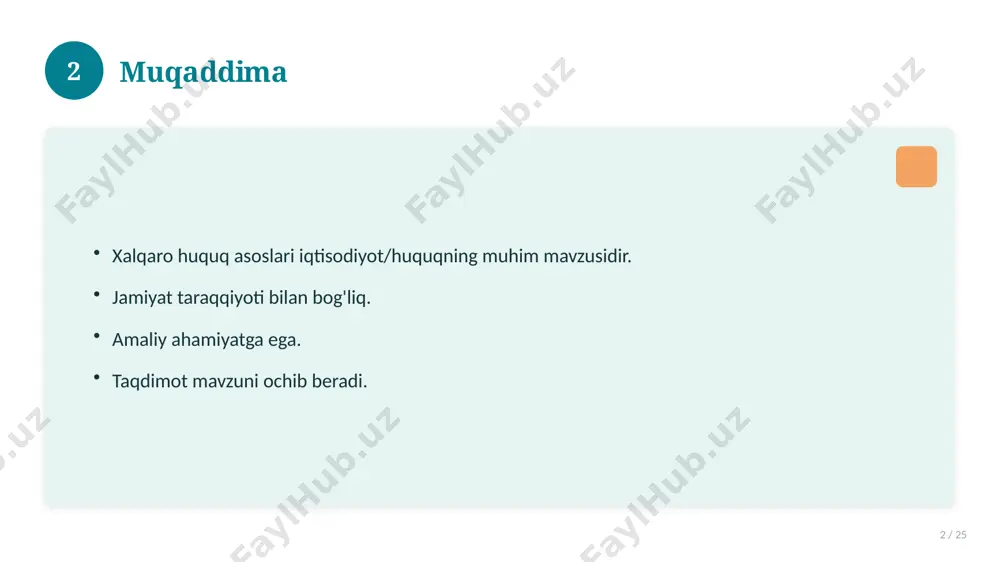 maliyotda qo'llang. natijani muntazam baholang. 18 19 tez-tez so'raladigan savollar 19 / 25 asosiy tushuncha nima? u qanday qo'llaniladi? qanday afzalliklari bor? javoblar qisqa va aniq. 19 20 eng yaxshi amaliyotlar 20 / 25 sinovdan o'tgan usullar. samarali yondashuvlar. tajriba almashish. doimiy takomillashtirish. 20 21 muammolar va yechimlar 21 / 25 mavjud muammolar. ularning sabablari. yechim yo'llari. amaliy tavsiyalar. 21 22 asosiy ko'rsatkichlar 22 / 25 ko'rsatkich holati birinchi mezon yaxshi ikkinchi mezon o'rta uchinchi mezon yuqori 22 23 amaliy misol 23 / 25 real hayotdan misol keltiriladi. bosqichlar bilan ko'rsatiladi. natija tahlil qilinadi. amaliy xulosa chiqariladi. 23 24 xulosa 24 / 25 xalqaro huquq asoslari bo'yicha asosiy jihatlar yoritildi. mavzu nazariy va amaliy ahamiyatga ega. olingan bilim amaliyotda qo'llaniladi. doimiy o'rganish tavsiya etiladi. 24 25 foydalanilgan adabiyotlar 25 / 25 tegishli darslik va o'quv qo'llanmalari. ilmiy maqola va manbalar. internet va elektron resurslar. manba: soff.uz · 2026. 25