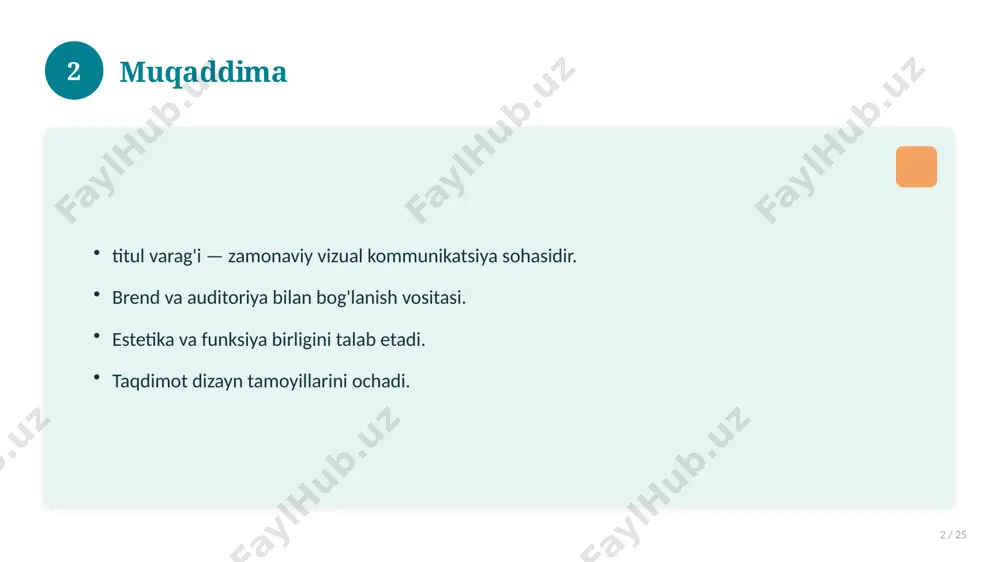 amchiliklar 18 / 25 afzalliklari kamchiliklari samaradorlik murakkablik qulaylik resurs talabi tejamkorlik ayrim cheklovlar 18 19 bosqichma-bosqich yondashuv 19 / 25 1-bosqich: tayyorgarlik. 2-bosqich: amalga oshirish. 3-bosqich: tahlil. 4-bosqich: xulosa. 19 20 amaliy misol 20 / 25 real hayotdan misol keltiriladi. bosqichlar bilan ko'rsatiladi. natija tahlil qilinadi. amaliy xulosa chiqariladi. 20 21 asosiy ko'rsatkichlar 21 / 25 ko'rsatkich holati birinchi mezon yaxshi ikkinchi mezon o'rta uchinchi mezon yuqori 21 22 muammolar va yechimlar 22 / 25 mavjud muammolar. ularning sabablari. yechim yo'llari. amaliy tavsiyalar. 22 23 eng yaxshi amaliyotlar 23 / 25 sinovdan o'tgan usullar. samarali yondashuvlar. tajriba almashish. doimiy takomillashtirish. 23 24 xulosa 24 / 25 titul varag'i bo'yicha asosiy jihatlar yoritildi. mavzu nazariy va amaliy ahamiyatga ega. olingan bilim amaliyotda qo'llaniladi. doimiy o'rganish tavsiya etiladi. 24 25 foydalanilgan adabiyotlar 25 / 25 tegishli darslik va o'quv qo'llanmalari. ilmiy maqola va manbalar. internet va elektron resurslar. manba: soff.uz · …