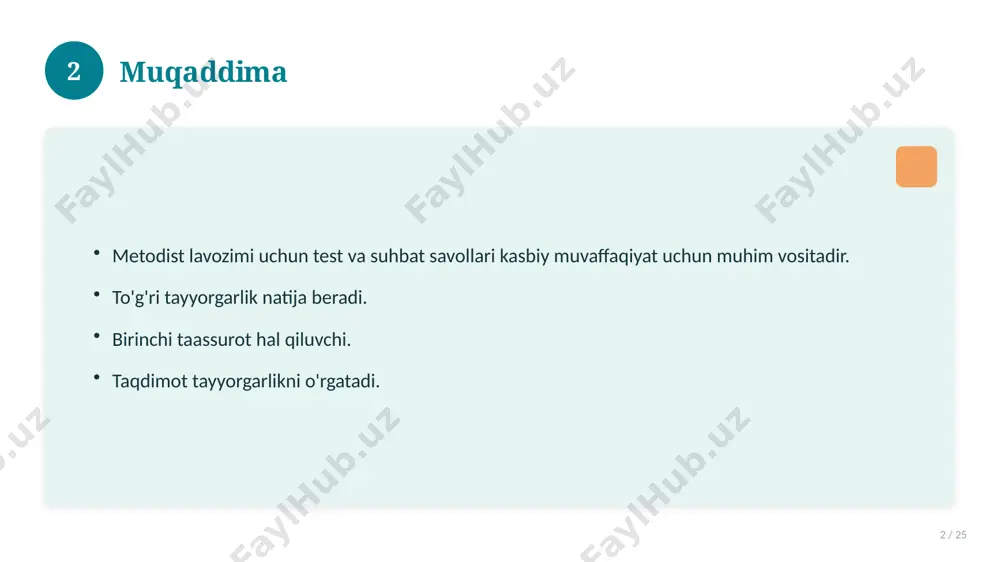k istiqbollari 17 / 25 rivojlanish yo'nalishlari. yangi imkoniyatlar. innovatsion yechimlar. uzoq muddatli ta'sir. 17 18 amaliy tavsiyalar 18 / 25 tizimli yondashing. ishonchli manbalardan foydalaning. bilimni amaliyotda qo'llang. natijani muntazam baholang. 18 19 tez-tez so'raladigan savollar 19 / 25 asosiy tushuncha nima? u qanday qo'llaniladi? qanday afzalliklari bor? javoblar qisqa va aniq. 19 20 eng yaxshi amaliyotlar 20 / 25 sinovdan o'tgan usullar. samarali yondashuvlar. tajriba almashish. doimiy takomillashtirish. 20 21 muammolar va yechimlar 21 / 25 mavjud muammolar. ularning sabablari. yechim yo'llari. amaliy tavsiyalar. 21 22 asosiy ko'rsatkichlar 22 / 25 ko'rsatkich holati birinchi mezon yaxshi ikkinchi mezon o'rta uchinchi mezon yuqori 22 23 amaliy misol 23 / 25 real hayotdan misol keltiriladi. bosqichlar bilan ko'rsatiladi. natija tahlil qilinadi. amaliy xulosa chiqariladi. 23 24 xulosa 24 / 25 metodist lavozimi uchun test va suhbat savollari bo'yicha asosiy jihatlar yoritildi. mavzu nazariy va amaliy ahamiyatga ega. olingan bilim amaliyotda …