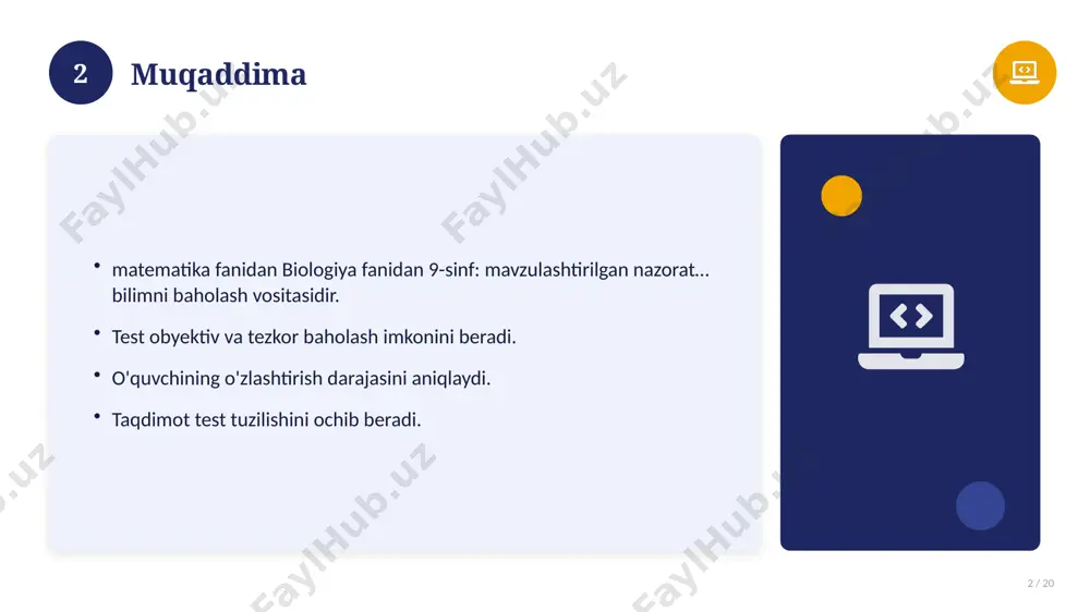 inf: mavzulashtirilgan nazorat… bilan bog'liq kalit tushunchalar. atamalarning aniq ta'rifi beriladi. to'g'ri qo'llash muhim. tushunchalar o'zaro bog'liq. 14 15 tarixiy rivoji 15 / 20 mavzu vaqt o'tishi bilan rivojlangan. asosiy bosqichlar kuzatiladi. muhim o'zgarishlar yuz bergan. hozirgi holatga ta'sir ko'rsatgan. 15 16 zamonaviy holati 16 / 20 bugungi kundagi ahvol. yangi yondashuvlar paydo bo'lmoqda. dolzarb tendensiyalar. amaliy qo'llanilishi kengaymoqda. 16 17 qiyosiy tahlil 17 / 20 o'xshash hodisalar bilan solishtirish. umumiy jihatlar aniqlanadi. farqli tomonlar ko'rsatiladi. xulosalar chiqariladi. 17 18 afzallik va kamchiliklar 18 / 20 afzalliklari kamchiliklari samaradorlik murakkablik qulaylik resurs talabi tejamkorlik ayrim cheklovlar 18 19 xulosa 19 / 20 biologiya fanidan 9-sinf: mavzulashtirilgan nazorat… bo'yicha asosiy jihatlar yoritildi. mavzu nazariy va amaliy ahamiyatga ega. olingan bilim amaliyotda qo'llaniladi. doimiy o'rganish tavsiya etiladi. 19 20 foydalanilgan adabiyotlar 20 / 20 tegishli darslik va o'quv qo'llanmalari. ilmiy maqola va manbalar. internet va elektron resurslar. manba: soff.uz · 2026. 20 …