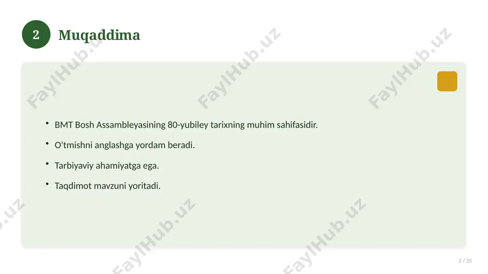 qlanadi. farqli tomonlar ko'rsatiladi. xulosalar chiqariladi. 17 18 afzallik va kamchiliklar 18 / 25 afzalliklari kamchiliklari samaradorlik murakkablik qulaylik resurs talabi tejamkorlik ayrim cheklovlar 18 19 bosqichma-bosqich yondashuv 19 / 25 1-bosqich: tayyorgarlik. 2-bosqich: amalga oshirish. 3-bosqich: tahlil. 4-bosqich: xulosa. 19 20 amaliy misol 20 / 25 real hayotdan misol keltiriladi. bosqichlar bilan ko'rsatiladi. natija tahlil qilinadi. amaliy xulosa chiqariladi. 20 21 asosiy ko'rsatkichlar 21 / 25 ko'rsatkich holati birinchi mezon yaxshi ikkinchi mezon o'rta uchinchi mezon yuqori 21 22 muammolar va yechimlar 22 / 25 mavjud muammolar. ularning sabablari. yechim yo'llari. amaliy tavsiyalar. 22 23 eng yaxshi amaliyotlar 23 / 25 sinovdan o'tgan usullar. samarali yondashuvlar. tajriba almashish. doimiy takomillashtirish. 23 24 xulosa 24 / 25 bmt bosh assambleyasining 80-yubiley bo'yicha asosiy jihatlar yoritildi. mavzu nazariy va amaliy ahamiyatga ega. olingan bilim amaliyotda qo'llaniladi. doimiy o'rganish tavsiya etiladi. 24 25 foydalanilgan adabiyotlar 25 / 25 tegishli darslik va o'quv …