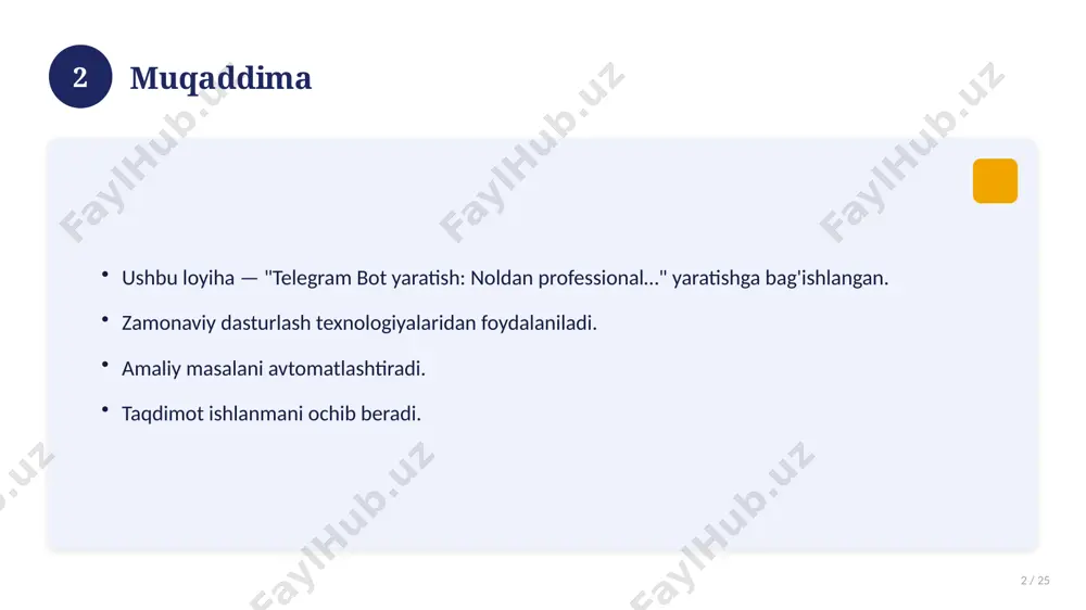15 / 25 telegram bot yaratish: noldan professional… bilan bog'liq kalit tushunchalar. atamalarning aniq ta'rifi beriladi. to'g'ri qo'llash muhim. tushunchalar o'zaro bog'liq. 15 16 tarixiy rivoji 16 / 25 mavzu vaqt o'tishi bilan rivojlangan. asosiy bosqichlar kuzatiladi. muhim o'zgarishlar yuz bergan. hozirgi holatga ta'sir ko'rsatgan. 16 17 zamonaviy holati 17 / 25 bugungi kundagi ahvol. yangi yondashuvlar paydo bo'lmoqda. dolzarb tendensiyalar. amaliy qo'llanilishi kengaymoqda. 17 18 qiyosiy tahlil 18 / 25 o'xshash hodisalar bilan solishtirish. umumiy jihatlar aniqlanadi. farqli tomonlar ko'rsatiladi. xulosalar chiqariladi. 18 19 afzallik va kamchiliklar 19 / 25 afzalliklari kamchiliklari samaradorlik murakkablik qulaylik resurs talabi tejamkorlik ayrim cheklovlar 19 20 bosqichma-bosqich yondashuv 20 / 25 1-bosqich: tayyorgarlik. 2-bosqich: amalga oshirish. 3-bosqich: tahlil. 4-bosqich: xulosa. 20 21 amaliy misol 21 / 25 real hayotdan misol keltiriladi. bosqichlar bilan ko'rsatiladi. natija tahlil qilinadi. amaliy xulosa chiqariladi. 21 22 asosiy ko'rsatkichlar 22 / 25 ko'rsatkich holati birinchi mezon yaxshi ikkinchi …
