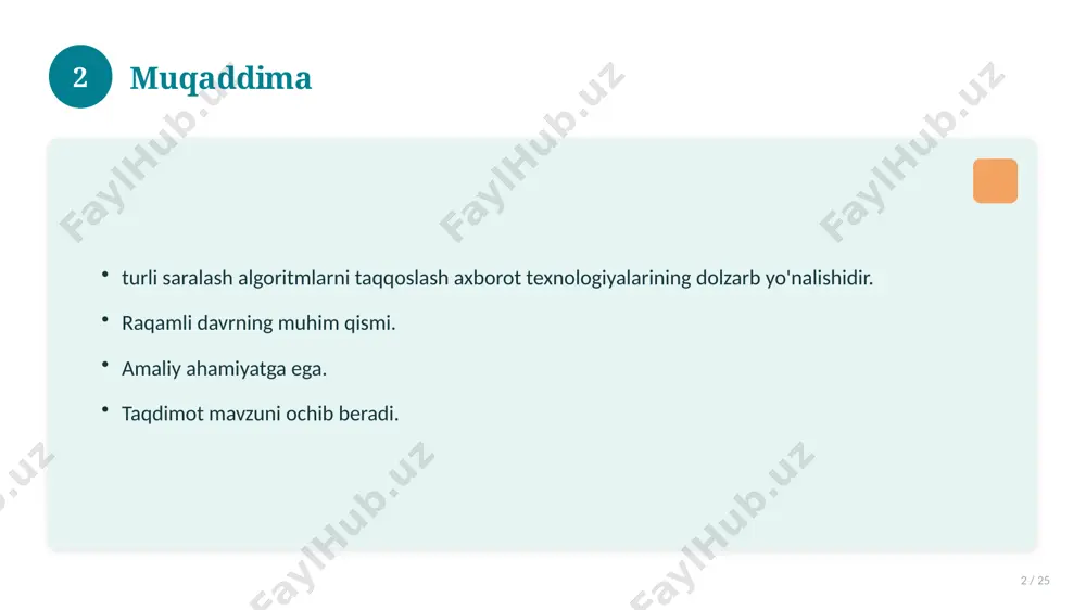 osiy tahlil 17 / 25 o'xshash hodisalar bilan solishtirish. umumiy jihatlar aniqlanadi. farqli tomonlar ko'rsatiladi. xulosalar chiqariladi. 17 18 afzallik va kamchiliklar 18 / 25 afzalliklari kamchiliklari samaradorlik murakkablik qulaylik resurs talabi tejamkorlik ayrim cheklovlar 18 19 bosqichma-bosqich yondashuv 19 / 25 1-bosqich: tayyorgarlik. 2-bosqich: amalga oshirish. 3-bosqich: tahlil. 4-bosqich: xulosa. 19 20 amaliy misol 20 / 25 real hayotdan misol keltiriladi. bosqichlar bilan ko'rsatiladi. natija tahlil qilinadi. amaliy xulosa chiqariladi. 20 21 asosiy ko'rsatkichlar 21 / 25 ko'rsatkich holati birinchi mezon yaxshi ikkinchi mezon o'rta uchinchi mezon yuqori 21 22 muammolar va yechimlar 22 / 25 mavjud muammolar. ularning sabablari. yechim yo'llari. amaliy tavsiyalar. 22 23 eng yaxshi amaliyotlar 23 / 25 sinovdan o'tgan usullar. samarali yondashuvlar. tajriba almashish. doimiy takomillashtirish. 23 24 xulosa 24 / 25 turli saralash algoritmlarni taqqoslash bo'yicha asosiy jihatlar yoritildi. mavzu nazariy va amaliy ahamiyatga ega. olingan bilim amaliyotda qo'llaniladi. doimiy o'rganish tavsiya etiladi. …
