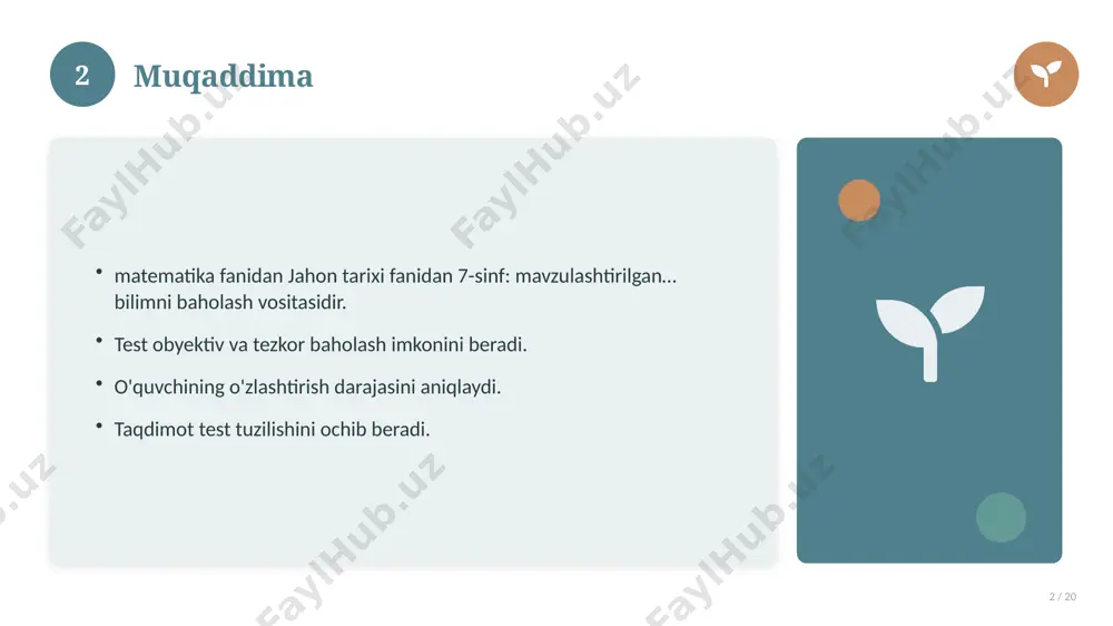 sinf: mavzulashtirilgan… bilan bog'liq kalit tushunchalar. atamalarning aniq ta'rifi beriladi. to'g'ri qo'llash muhim. tushunchalar o'zaro bog'liq. 14 15 tarixiy rivoji 15 / 20 mavzu vaqt o'tishi bilan rivojlangan. asosiy bosqichlar kuzatiladi. muhim o'zgarishlar yuz bergan. hozirgi holatga ta'sir ko'rsatgan. 15 16 zamonaviy holati 16 / 20 bugungi kundagi ahvol. yangi yondashuvlar paydo bo'lmoqda. dolzarb tendensiyalar. amaliy qo'llanilishi kengaymoqda. 16 17 qiyosiy tahlil 17 / 20 o'xshash hodisalar bilan solishtirish. umumiy jihatlar aniqlanadi. farqli tomonlar ko'rsatiladi. xulosalar chiqariladi. 17 18 afzallik va kamchiliklar 18 / 20 afzalliklari kamchiliklari samaradorlik murakkablik qulaylik resurs talabi tejamkorlik ayrim cheklovlar 18 19 xulosa 19 / 20 jahon tarixi fanidan 7-sinf: mavzulashtirilgan… bo'yicha asosiy jihatlar yoritildi. mavzu nazariy va amaliy ahamiyatga ega. olingan bilim amaliyotda qo'llaniladi. doimiy o'rganish tavsiya etiladi. 19 20 foydalanilgan adabiyotlar 20 / 20 tegishli darslik va o'quv qo'llanmalari. ilmiy maqola va manbalar. internet va elektron resurslar. manba: soff.uz · 2026. 20 image-1-1.png …