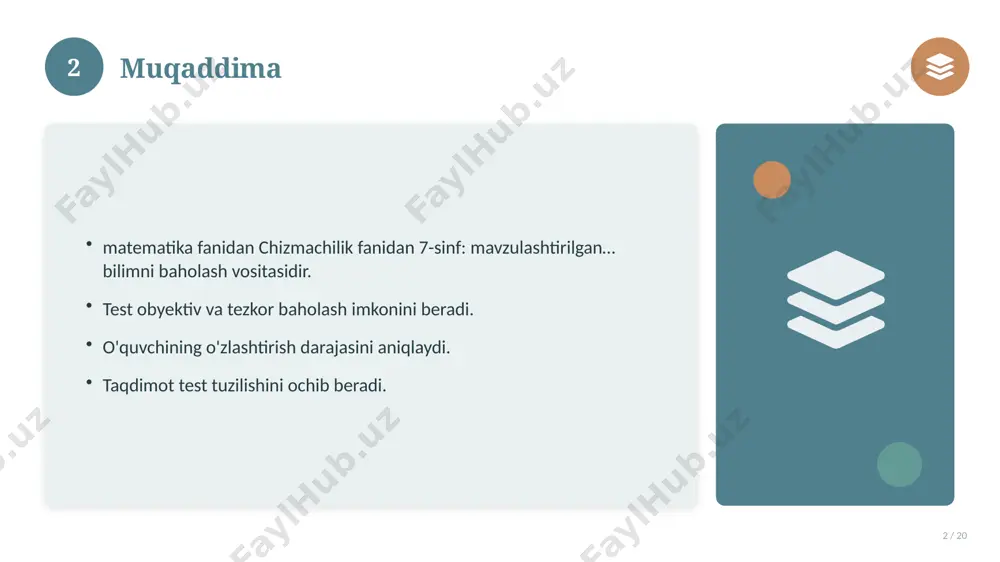 sinf: mavzulashtirilgan… bilan bog'liq kalit tushunchalar. atamalarning aniq ta'rifi beriladi. to'g'ri qo'llash muhim. tushunchalar o'zaro bog'liq. 14 15 tarixiy rivoji 15 / 20 mavzu vaqt o'tishi bilan rivojlangan. asosiy bosqichlar kuzatiladi. muhim o'zgarishlar yuz bergan. hozirgi holatga ta'sir ko'rsatgan. 15 16 zamonaviy holati 16 / 20 bugungi kundagi ahvol. yangi yondashuvlar paydo bo'lmoqda. dolzarb tendensiyalar. amaliy qo'llanilishi kengaymoqda. 16 17 qiyosiy tahlil 17 / 20 o'xshash hodisalar bilan solishtirish. umumiy jihatlar aniqlanadi. farqli tomonlar ko'rsatiladi. xulosalar chiqariladi. 17 18 afzallik va kamchiliklar 18 / 20 afzalliklari kamchiliklari samaradorlik murakkablik qulaylik resurs talabi tejamkorlik ayrim cheklovlar 18 19 xulosa 19 / 20 chizmachilik fanidan 7-sinf: mavzulashtirilgan… bo'yicha asosiy jihatlar yoritildi. mavzu nazariy va amaliy ahamiyatga ega. olingan bilim amaliyotda qo'llaniladi. doimiy o'rganish tavsiya etiladi. 19 20 foydalanilgan adabiyotlar 20 / 20 tegishli darslik va o'quv qo'llanmalari. ilmiy maqola va manbalar. internet va elektron resurslar. manba: soff.uz · 2026. 20 image-1-1.png image-1-2.png …