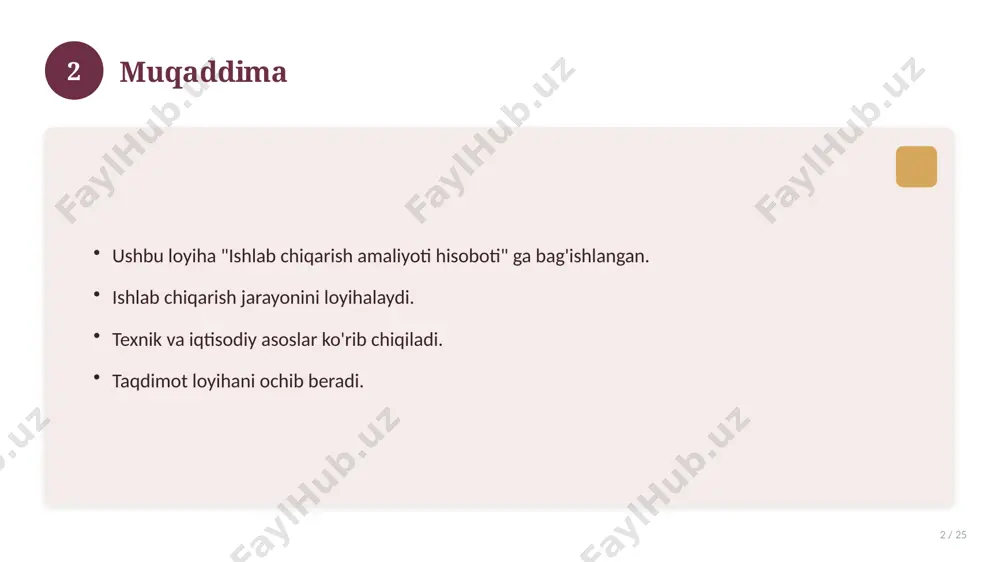 datli ta'sir. 17 18 amaliy tavsiyalar 18 / 25 tizimli yondashing. ishonchli manbalardan foydalaning. bilimni amaliyotda qo'llang. natijani muntazam baholang. 18 19 tez-tez so'raladigan savollar 19 / 25 asosiy tushuncha nima? u qanday qo'llaniladi? qanday afzalliklari bor? javoblar qisqa va aniq. 19 20 eng yaxshi amaliyotlar 20 / 25 sinovdan o'tgan usullar. samarali yondashuvlar. tajriba almashish. doimiy takomillashtirish. 20 21 muammolar va yechimlar 21 / 25 mavjud muammolar. ularning sabablari. yechim yo'llari. amaliy tavsiyalar. 21 22 asosiy ko'rsatkichlar 22 / 25 ko'rsatkich holati birinchi mezon yaxshi ikkinchi mezon o'rta uchinchi mezon yuqori 22 23 amaliy misol 23 / 25 real hayotdan misol keltiriladi. bosqichlar bilan ko'rsatiladi. natija tahlil qilinadi. amaliy xulosa chiqariladi. 23 24 xulosa 24 / 25 ishlab chiqarish amaliyoti hisoboti bo'yicha asosiy jihatlar yoritildi. mavzu nazariy va amaliy ahamiyatga ega. olingan bilim amaliyotda qo'llaniladi. doimiy o'rganish tavsiya etiladi. 24 25 foydalanilgan adabiyotlar 25 / 25 tegishli darslik va …
