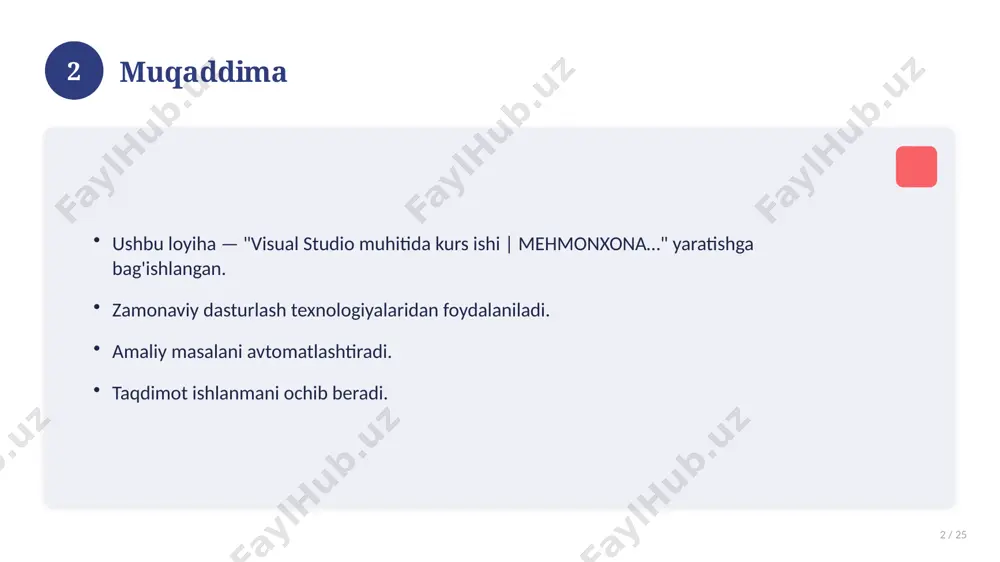 15 asosiy atamalar 15 / 25 visual studio muhitida kurs ishi | mehmonxona… bilan bog'liq kalit tushunchalar. atamalarning aniq ta'rifi beriladi. to'g'ri qo'llash muhim. tushunchalar o'zaro bog'liq. 15 16 tarixiy rivoji 16 / 25 mavzu vaqt o'tishi bilan rivojlangan. asosiy bosqichlar kuzatiladi. muhim o'zgarishlar yuz bergan. hozirgi holatga ta'sir ko'rsatgan. 16 17 zamonaviy holati 17 / 25 bugungi kundagi ahvol. yangi yondashuvlar paydo bo'lmoqda. dolzarb tendensiyalar. amaliy qo'llanilishi kengaymoqda. 17 18 qiyosiy tahlil 18 / 25 o'xshash hodisalar bilan solishtirish. umumiy jihatlar aniqlanadi. farqli tomonlar ko'rsatiladi. xulosalar chiqariladi. 18 19 afzallik va kamchiliklar 19 / 25 afzalliklari kamchiliklari samaradorlik murakkablik qulaylik resurs talabi tejamkorlik ayrim cheklovlar 19 20 bosqichma-bosqich yondashuv 20 / 25 1-bosqich: tayyorgarlik. 2-bosqich: amalga oshirish. 3-bosqich: tahlil. 4-bosqich: xulosa. 20 21 amaliy misol 21 / 25 real hayotdan misol keltiriladi. bosqichlar bilan ko'rsatiladi. natija tahlil qilinadi. amaliy xulosa chiqariladi. 21 22 asosiy ko'rsatkichlar 22 / 25 ko'rsatkich …