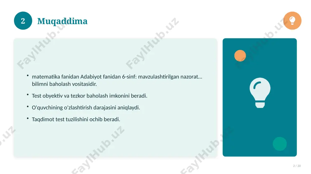 : mavzulashtirilgan nazorat… bilan bog'liq kalit tushunchalar. atamalarning aniq ta'rifi beriladi. to'g'ri qo'llash muhim. tushunchalar o'zaro bog'liq. 14 15 tarixiy rivoji 15 / 20 mavzu vaqt o'tishi bilan rivojlangan. asosiy bosqichlar kuzatiladi. muhim o'zgarishlar yuz bergan. hozirgi holatga ta'sir ko'rsatgan. 15 16 zamonaviy holati 16 / 20 bugungi kundagi ahvol. yangi yondashuvlar paydo bo'lmoqda. dolzarb tendensiyalar. amaliy qo'llanilishi kengaymoqda. 16 17 qiyosiy tahlil 17 / 20 o'xshash hodisalar bilan solishtirish. umumiy jihatlar aniqlanadi. farqli tomonlar ko'rsatiladi. xulosalar chiqariladi. 17 18 afzallik va kamchiliklar 18 / 20 afzalliklari kamchiliklari samaradorlik murakkablik qulaylik resurs talabi tejamkorlik ayrim cheklovlar 18 19 xulosa 19 / 20 adabiyot fanidan 6-sinf: mavzulashtirilgan nazorat… bo'yicha asosiy jihatlar yoritildi. mavzu nazariy va amaliy ahamiyatga ega. olingan bilim amaliyotda qo'llaniladi. doimiy o'rganish tavsiya etiladi. 19 20 foydalanilgan adabiyotlar 20 / 20 tegishli darslik va o'quv qo'llanmalari. ilmiy maqola va manbalar. internet va elektron resurslar. manba: soff.uz · 2026. 20 …