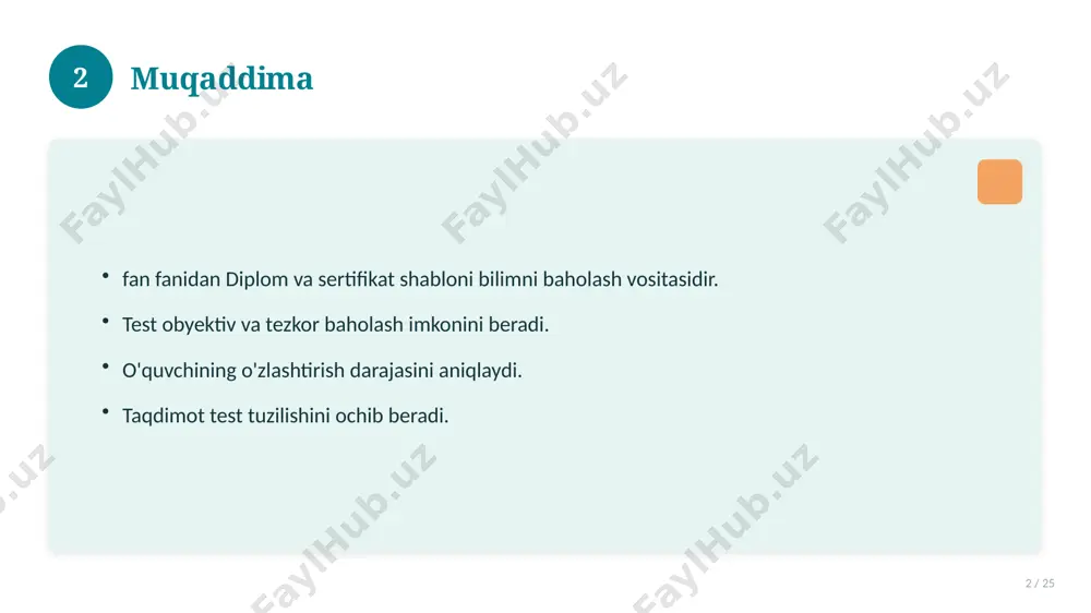 surslar 15 / 25 darslik va qo'llanmalar. onlayn manbalar. video darslar. amaliy mashqlar to'plami. 15 16 xatolardan saqlanish 16 / 25 keng tarqalgan xatolar. ularning sabablari. oldini olish yo'llari. to'g'ri yondashuv. 16 17 kelajak istiqbollari 17 / 25 rivojlanish yo'nalishlari. yangi imkoniyatlar. innovatsion yechimlar. uzoq muddatli ta'sir. 17 18 amaliy tavsiyalar 18 / 25 tizimli yondashing. ishonchli manbalardan foydalaning. bilimni amaliyotda qo'llang. natijani muntazam baholang. 18 19 tez-tez so'raladigan savollar 19 / 25 asosiy tushuncha nima? u qanday qo'llaniladi? qanday afzalliklari bor? javoblar qisqa va aniq. 19 20 eng yaxshi amaliyotlar 20 / 25 sinovdan o'tgan usullar. samarali yondashuvlar. tajriba almashish. doimiy takomillashtirish. 20 21 muammolar va yechimlar 21 / 25 mavjud muammolar. ularning sabablari. yechim yo'llari. amaliy tavsiyalar. 21 22 asosiy ko'rsatkichlar 22 / 25 ko'rsatkich holati birinchi mezon yaxshi ikkinchi mezon o'rta uchinchi mezon yuqori 22 23 amaliy misol 23 / 25 real hayotdan misol keltiriladi. bosqichlar bilan …