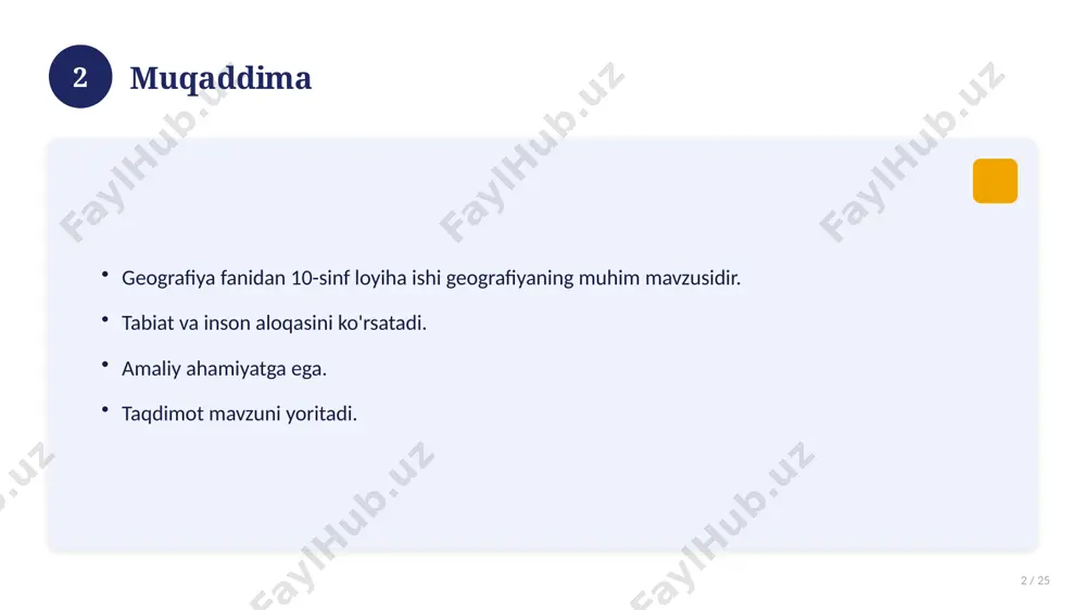 / 25 asosiy tushuncha nima? u qanday qo'llaniladi? qanday afzalliklari bor? javoblar qisqa va aniq. 19 20 eng yaxshi amaliyotlar 20 / 25 sinovdan o'tgan usullar. samarali yondashuvlar. tajriba almashish. doimiy takomillashtirish. 20 21 muammolar va yechimlar 21 / 25 mavjud muammolar. ularning sabablari. yechim yo'llari. amaliy tavsiyalar. 21 22 asosiy ko'rsatkichlar 22 / 25 ko'rsatkich holati birinchi mezon yaxshi ikkinchi mezon o'rta uchinchi mezon yuqori 22 23 amaliy misol 23 / 25 real hayotdan misol keltiriladi. bosqichlar bilan ko'rsatiladi. natija tahlil qilinadi. amaliy xulosa chiqariladi. 23 24 xulosa 24 / 25 geografiya fanidan 10-sinf loyiha ishi bo'yicha asosiy jihatlar yoritildi. mavzu nazariy va amaliy ahamiyatga ega. olingan bilim amaliyotda qo'llaniladi. doimiy o'rganish tavsiya etiladi. 24 25 foydalanilgan adabiyotlar 25 / 25 tegishli darslik va o'quv qo'llanmalari. ilmiy maqola va manbalar. internet va elektron resurslar. manba: soff.uz · 2026. 25