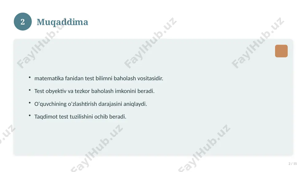 5 foydalanilgan manbalar 15 / 15 mavzu mantiqiy, izchil bayon etilishi muhim. manbalardan to'g'ri foydalaning va iqtibos keltiring. adabiyot: matematika darsligi va test to'plamlari. manba: soff.uz · 2026. 15