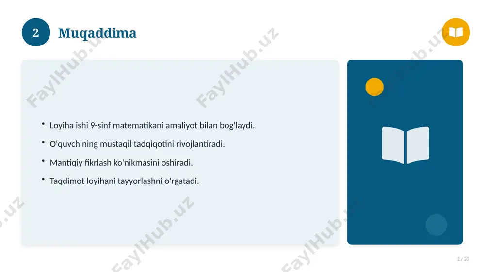jlangan. asosiy bosqichlar kuzatiladi. muhim o'zgarishlar yuz bergan. hozirgi holatga ta'sir ko'rsatgan. 15 16 zamonaviy holati 16 / 20 bugungi kundagi ahvol. yangi yondashuvlar paydo bo'lmoqda. dolzarb tendensiyalar. amaliy qo'llanilishi kengaymoqda. 16 17 qiyosiy tahlil 17 / 20 o'xshash hodisalar bilan solishtirish. umumiy jihatlar aniqlanadi. farqli tomonlar ko'rsatiladi. xulosalar chiqariladi. 17 18 afzallik va kamchiliklar 18 / 20 afzalliklari kamchiliklari samaradorlik murakkablik qulaylik resurs talabi tejamkorlik ayrim cheklovlar 18 19 xulosa 19 / 20 matematika fanidan 9-sinf loyiha ishi bo'yicha asosiy jihatlar yoritildi. mavzu nazariy va amaliy ahamiyatga ega. olingan bilim amaliyotda qo'llaniladi. doimiy o'rganish tavsiya etiladi. 19 20 foydalanilgan adabiyotlar 20 / 20 tegishli darslik va o'quv qo'llanmalari. ilmiy maqola va manbalar. internet va elektron resurslar. manba: soff.uz · 2026. 20 image-1-1.png image-1-2.png image-1-3.png image-1-4.png image-2-1.png image-2-2.png image-3-1.png image-3-2.png image-4-1.png image-4-2.png image-5-1.png image-5-2.png image-6-1.png image-6-2.png image-7-1.png image-7-2.png image-8-1.png image-9-1.png image-9-2.png image-10-1.png image-10-2.png image-11-1.png image-11-2.png image-12-1.png image-13-1.png image-13-2.png image-14-1.png image-14-2.png …