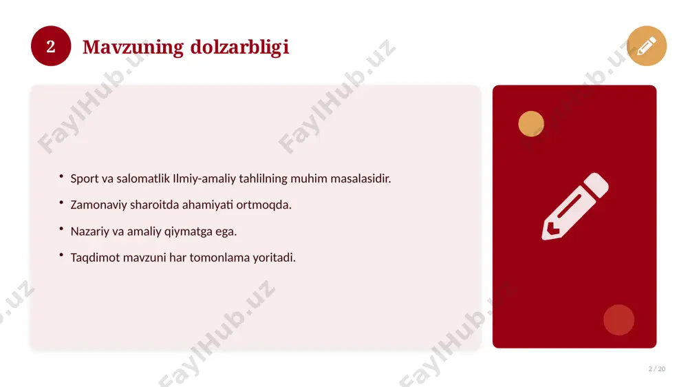l 17 / 20 o'xshash hodisalar bilan solishtirish. umumiy jihatlar aniqlanadi. farqli tomonlar ko'rsatiladi. xulosalar chiqariladi. 17 18 afzallik va kamchiliklar 18 / 20 afzalliklari kamchiliklari samaradorlik murakkablik qulaylik resurs talabi tejamkorlik ayrim cheklovlar 18 19 xulosa 19 / 20 sport va salomatlik bo'yicha asosiy jihatlar yoritildi. mavzu nazariy va amaliy ahamiyatga ega. olingan bilim amaliyotda qo'llaniladi. doimiy o'rganish tavsiya etiladi. 19 20 foydalanilgan adabiyotlar 20 / 20 tegishli darslik va o'quv qo'llanmalari. ilmiy maqola va manbalar. internet va elektron resurslar. manba: soff.uz · 2026. 20 image-1-1.png image-1-2.png image-1-3.png image-1-4.png image-2-1.png image-2-2.png image-3-1.png image-3-2.png image-4-1.png image-4-2.png image-5-1.png image-5-2.png image-6-1.png image-6-2.png image-7-1.png image-7-2.png image-8-1.png image-9-1.png image-9-2.png image-10-1.png image-10-2.png image-11-1.png image-11-2.png image-12-1.png image-12-2.png image-13-1.png image-13-2.png image-14-1.png image-14-2.png image-15-1.png image-15-2.png image-16-1.png image-16-2.png image-17-1.png image-17-2.png image-18-1.png image-19-1.png image-19-2.png image-20-1.png image-20-2.png