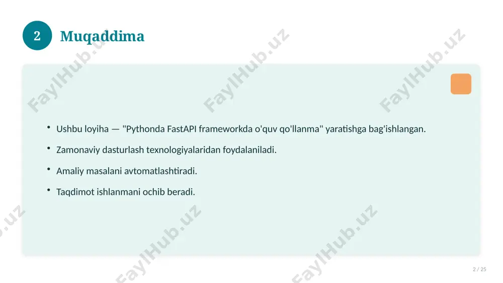 meworkda o'quv qo'llanma bilan bog'liq kalit tushunchalar. atamalarning aniq ta'rifi beriladi. to'g'ri qo'llash muhim. tushunchalar o'zaro bog'liq. 15 16 tarixiy rivoji 16 / 25 mavzu vaqt o'tishi bilan rivojlangan. asosiy bosqichlar kuzatiladi. muhim o'zgarishlar yuz bergan. hozirgi holatga ta'sir ko'rsatgan. 16 17 zamonaviy holati 17 / 25 bugungi kundagi ahvol. yangi yondashuvlar paydo bo'lmoqda. dolzarb tendensiyalar. amaliy qo'llanilishi kengaymoqda. 17 18 qiyosiy tahlil 18 / 25 o'xshash hodisalar bilan solishtirish. umumiy jihatlar aniqlanadi. farqli tomonlar ko'rsatiladi. xulosalar chiqariladi. 18 19 afzallik va kamchiliklar 19 / 25 afzalliklari kamchiliklari samaradorlik murakkablik qulaylik resurs talabi tejamkorlik ayrim cheklovlar 19 20 bosqichma-bosqich yondashuv 20 / 25 1-bosqich: tayyorgarlik. 2-bosqich: amalga oshirish. 3-bosqich: tahlil. 4-bosqich: xulosa. 20 21 amaliy misol 21 / 25 real hayotdan misol keltiriladi. bosqichlar bilan ko'rsatiladi. natija tahlil qilinadi. amaliy xulosa chiqariladi. 21 22 asosiy ko'rsatkichlar 22 / 25 ko'rsatkich holati birinchi mezon yaxshi ikkinchi mezon o'rta uchinchi mezon yuqori …