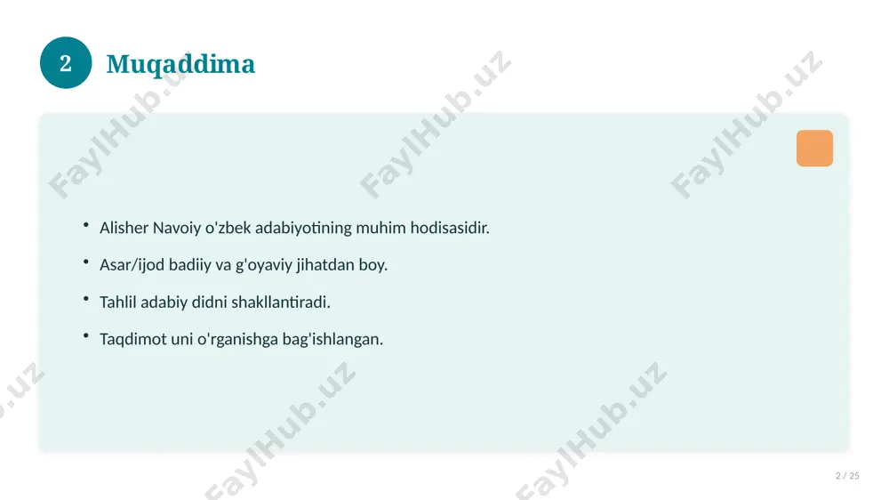 18 amaliy tavsiyalar 18 / 25 tizimli yondashing. ishonchli manbalardan foydalaning. bilimni amaliyotda qo'llang. natijani muntazam baholang. 18 19 tez-tez so'raladigan savollar 19 / 25 asosiy tushuncha nima? u qanday qo'llaniladi? qanday afzalliklari bor? javoblar qisqa va aniq. 19 20 eng yaxshi amaliyotlar 20 / 25 sinovdan o'tgan usullar. samarali yondashuvlar. tajriba almashish. doimiy takomillashtirish. 20 21 muammolar va yechimlar 21 / 25 mavjud muammolar. ularning sabablari. yechim yo'llari. amaliy tavsiyalar. 21 22 asosiy ko'rsatkichlar 22 / 25 ko'rsatkich holati birinchi mezon yaxshi ikkinchi mezon o'rta uchinchi mezon yuqori 22 23 amaliy misol 23 / 25 real hayotdan misol keltiriladi. bosqichlar bilan ko'rsatiladi. natija tahlil qilinadi. amaliy xulosa chiqariladi. 23 24 xulosa 24 / 25 alisher navoiy bo'yicha asosiy jihatlar yoritildi. mavzu nazariy va amaliy ahamiyatga ega. olingan bilim amaliyotda qo'llaniladi. doimiy o'rganish tavsiya etiladi. 24 25 foydalanilgan adabiyotlar 25 / 25 tegishli darslik va o'quv qo'llanmalari. ilmiy maqola va …