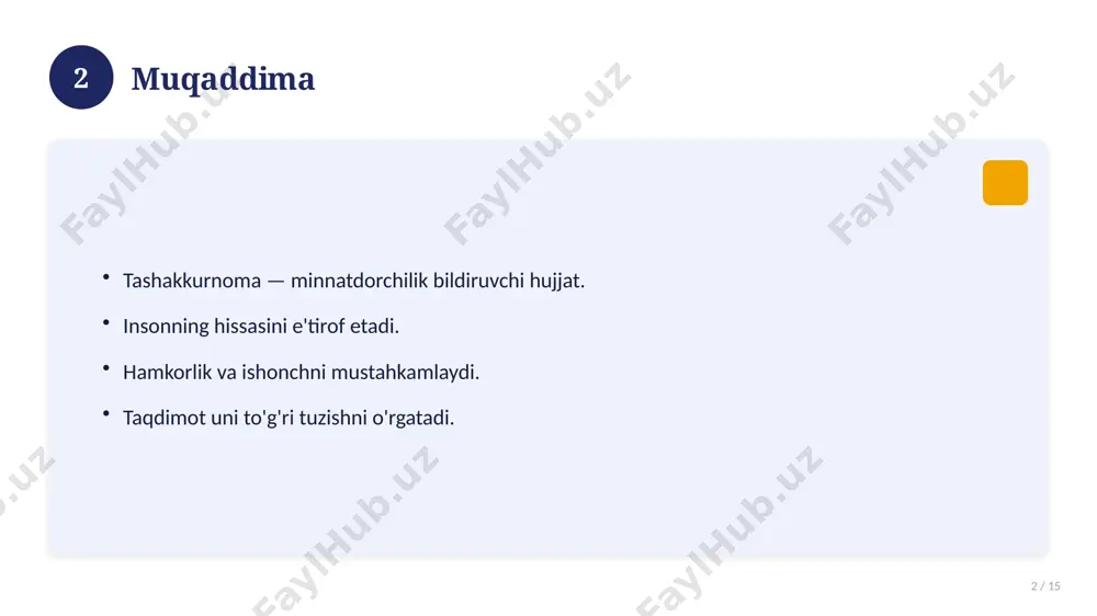 ing. tantanali topshiring. 14 15 xulosa 15 / 15 tashakkurnoma — e'tirof va hurmat belgisi. to'g'ri tuzilgan hujjat samarali ta'sir qiladi. tuzilish, matn va dizayn muhim. manba: soff.uz namunalari. 15