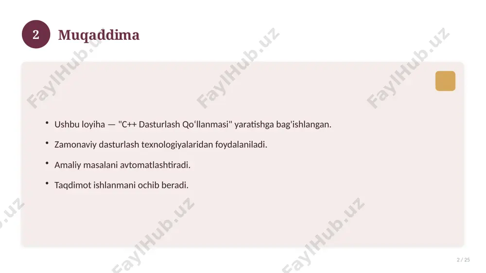 lar. atamalarning aniq ta'rifi beriladi. to'g'ri qo'llash muhim. tushunchalar o'zaro bog'liq. 15 16 tarixiy rivoji 16 / 25 mavzu vaqt o'tishi bilan rivojlangan. asosiy bosqichlar kuzatiladi. muhim o'zgarishlar yuz bergan. hozirgi holatga ta'sir ko'rsatgan. 16 17 zamonaviy holati 17 / 25 bugungi kundagi ahvol. yangi yondashuvlar paydo bo'lmoqda. dolzarb tendensiyalar. amaliy qo'llanilishi kengaymoqda. 17 18 qiyosiy tahlil 18 / 25 o'xshash hodisalar bilan solishtirish. umumiy jihatlar aniqlanadi. farqli tomonlar ko'rsatiladi. xulosalar chiqariladi. 18 19 afzallik va kamchiliklar 19 / 25 afzalliklari kamchiliklari samaradorlik murakkablik qulaylik resurs talabi tejamkorlik ayrim cheklovlar 19 20 bosqichma-bosqich yondashuv 20 / 25 1-bosqich: tayyorgarlik. 2-bosqich: amalga oshirish. 3-bosqich: tahlil. 4-bosqich: xulosa. 20 21 amaliy misol 21 / 25 real hayotdan misol keltiriladi. bosqichlar bilan ko'rsatiladi. natija tahlil qilinadi. amaliy xulosa chiqariladi. 21 22 asosiy ko'rsatkichlar 22 / 25 ko'rsatkich holati birinchi mezon yaxshi ikkinchi mezon o'rta uchinchi mezon yuqori 22 23 muammolar va yechimlar 23 …