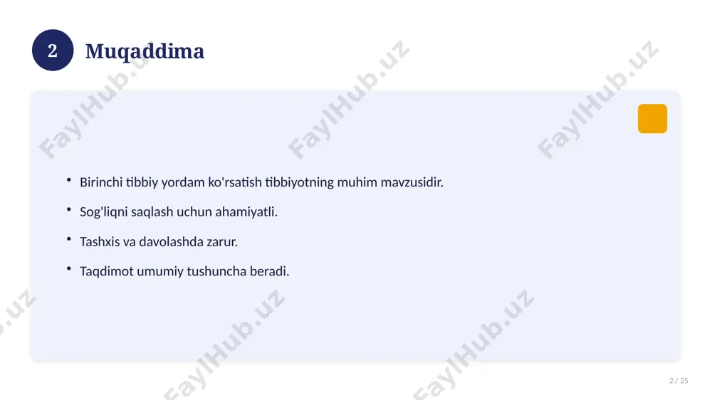 ion yechimlar. uzoq muddatli ta'sir. 17 18 amaliy tavsiyalar 18 / 25 tizimli yondashing. ishonchli manbalardan foydalaning. bilimni amaliyotda qo'llang. natijani muntazam baholang. 18 19 tez-tez so'raladigan savollar 19 / 25 asosiy tushuncha nima? u qanday qo'llaniladi? qanday afzalliklari bor? javoblar qisqa va aniq. 19 20 eng yaxshi amaliyotlar 20 / 25 sinovdan o'tgan usullar. samarali yondashuvlar. tajriba almashish. doimiy takomillashtirish. 20 21 muammolar va yechimlar 21 / 25 mavjud muammolar. ularning sabablari. yechim yo'llari. amaliy tavsiyalar. 21 22 asosiy ko'rsatkichlar 22 / 25 ko'rsatkich holati birinchi mezon yaxshi ikkinchi mezon o'rta uchinchi mezon yuqori 22 23 amaliy misol 23 / 25 real hayotdan misol keltiriladi. bosqichlar bilan ko'rsatiladi. natija tahlil qilinadi. amaliy xulosa chiqariladi. 23 24 xulosa 24 / 25 birinchi tibbiy yordam ko'rsatish bo'yicha asosiy jihatlar yoritildi. mavzu nazariy va amaliy ahamiyatga ega. olingan bilim amaliyotda qo'llaniladi. doimiy o'rganish tavsiya etiladi. 24 25 foydalanilgan adabiyotlar 25 / 25 …