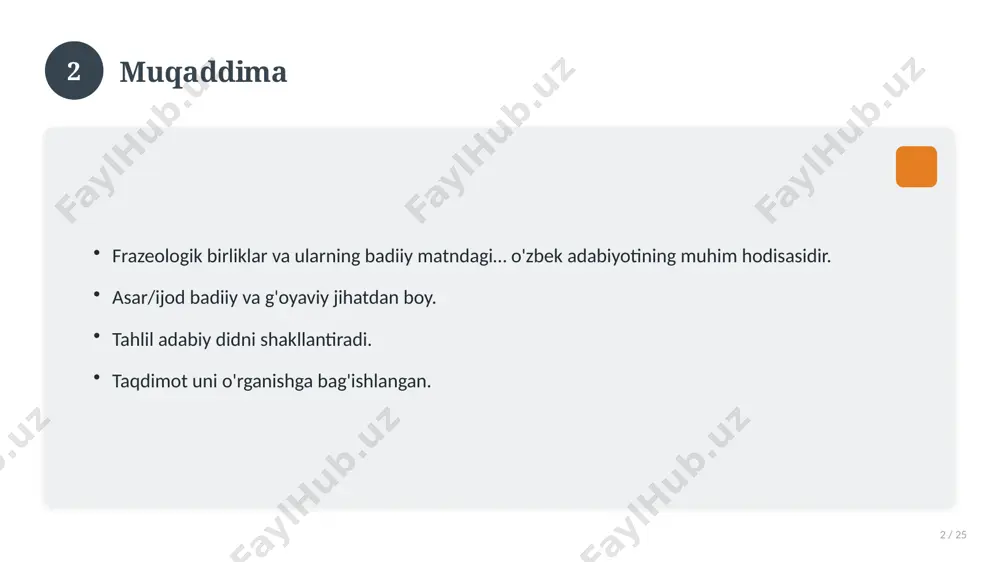 yo'nalishlari. yangi imkoniyatlar. innovatsion yechimlar. uzoq muddatli ta'sir. 17 18 amaliy tavsiyalar 18 / 25 tizimli yondashing. ishonchli manbalardan foydalaning. bilimni amaliyotda qo'llang. natijani muntazam baholang. 18 19 tez-tez so'raladigan savollar 19 / 25 asosiy tushuncha nima? u qanday qo'llaniladi? qanday afzalliklari bor? javoblar qisqa va aniq. 19 20 eng yaxshi amaliyotlar 20 / 25 sinovdan o'tgan usullar. samarali yondashuvlar. tajriba almashish. doimiy takomillashtirish. 20 21 muammolar va yechimlar 21 / 25 mavjud muammolar. ularning sabablari. yechim yo'llari. amaliy tavsiyalar. 21 22 asosiy ko'rsatkichlar 22 / 25 ko'rsatkich holati birinchi mezon yaxshi ikkinchi mezon o'rta uchinchi mezon yuqori 22 23 amaliy misol 23 / 25 real hayotdan misol keltiriladi. bosqichlar bilan ko'rsatiladi. natija tahlil qilinadi. amaliy xulosa chiqariladi. 23 24 xulosa 24 / 25 frazeologik birliklar va ularning badiiy matndagi… bo'yicha asosiy jihatlar yoritildi. mavzu nazariy va amaliy ahamiyatga ega. olingan bilim amaliyotda qo'llaniladi. doimiy o'rganish tavsiya etiladi. 24 25 …
