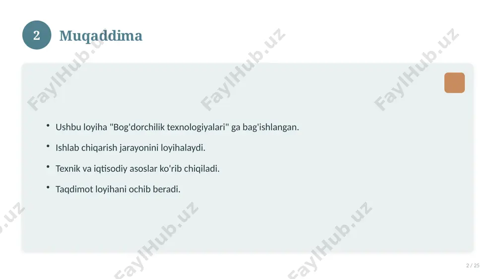 . 17 18 amaliy tavsiyalar 18 / 25 tizimli yondashing. ishonchli manbalardan foydalaning. bilimni amaliyotda qo'llang. natijani muntazam baholang. 18 19 tez-tez so'raladigan savollar 19 / 25 asosiy tushuncha nima? u qanday qo'llaniladi? qanday afzalliklari bor? javoblar qisqa va aniq. 19 20 eng yaxshi amaliyotlar 20 / 25 sinovdan o'tgan usullar. samarali yondashuvlar. tajriba almashish. doimiy takomillashtirish. 20 21 muammolar va yechimlar 21 / 25 mavjud muammolar. ularning sabablari. yechim yo'llari. amaliy tavsiyalar. 21 22 asosiy ko'rsatkichlar 22 / 25 ko'rsatkich holati birinchi mezon yaxshi ikkinchi mezon o'rta uchinchi mezon yuqori 22 23 amaliy misol 23 / 25 real hayotdan misol keltiriladi. bosqichlar bilan ko'rsatiladi. natija tahlil qilinadi. amaliy xulosa chiqariladi. 23 24 xulosa 24 / 25 bog'dorchilik texnologiyalari bo'yicha asosiy jihatlar yoritildi. mavzu nazariy va amaliy ahamiyatga ega. olingan bilim amaliyotda qo'llaniladi. doimiy o'rganish tavsiya etiladi. 24 25 foydalanilgan adabiyotlar 25 / 25 tegishli darslik va o'quv qo'llanmalari. ilmiy …